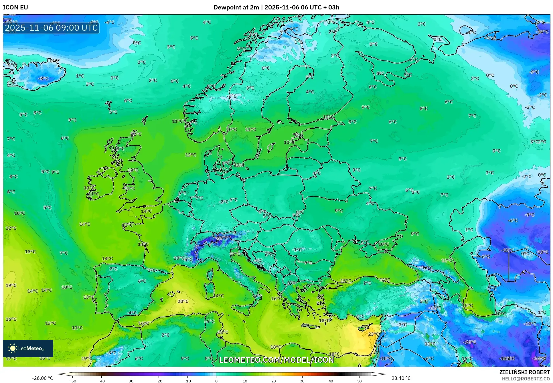 ICON model - Europe, Dewpoint at 2m