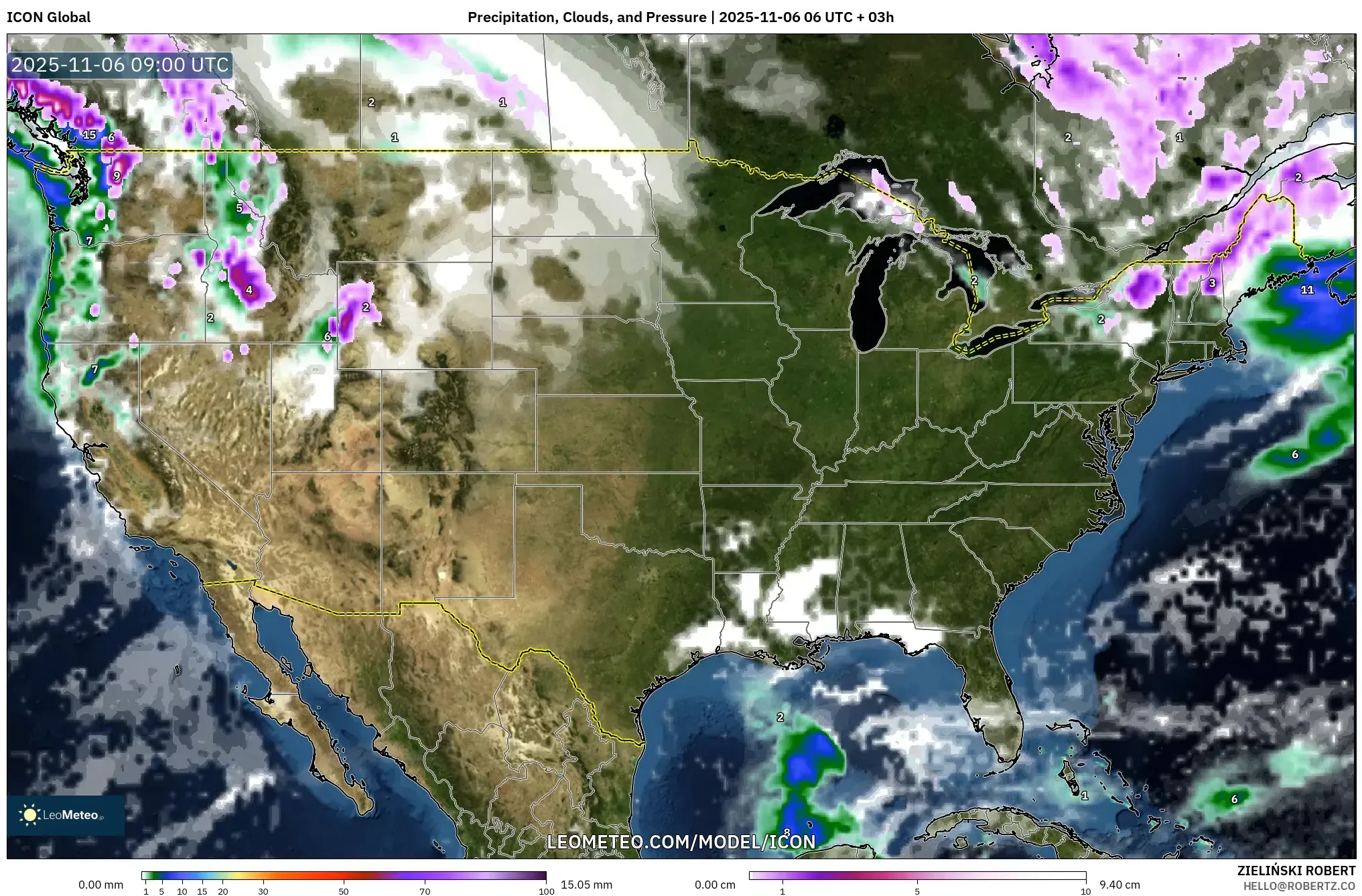 ICON model - United States, Precipitation, Clouds, and Pressure