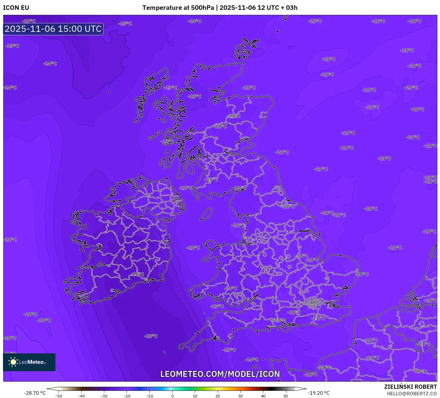 ICON model - United Kingdom, Temperature at 500hPa