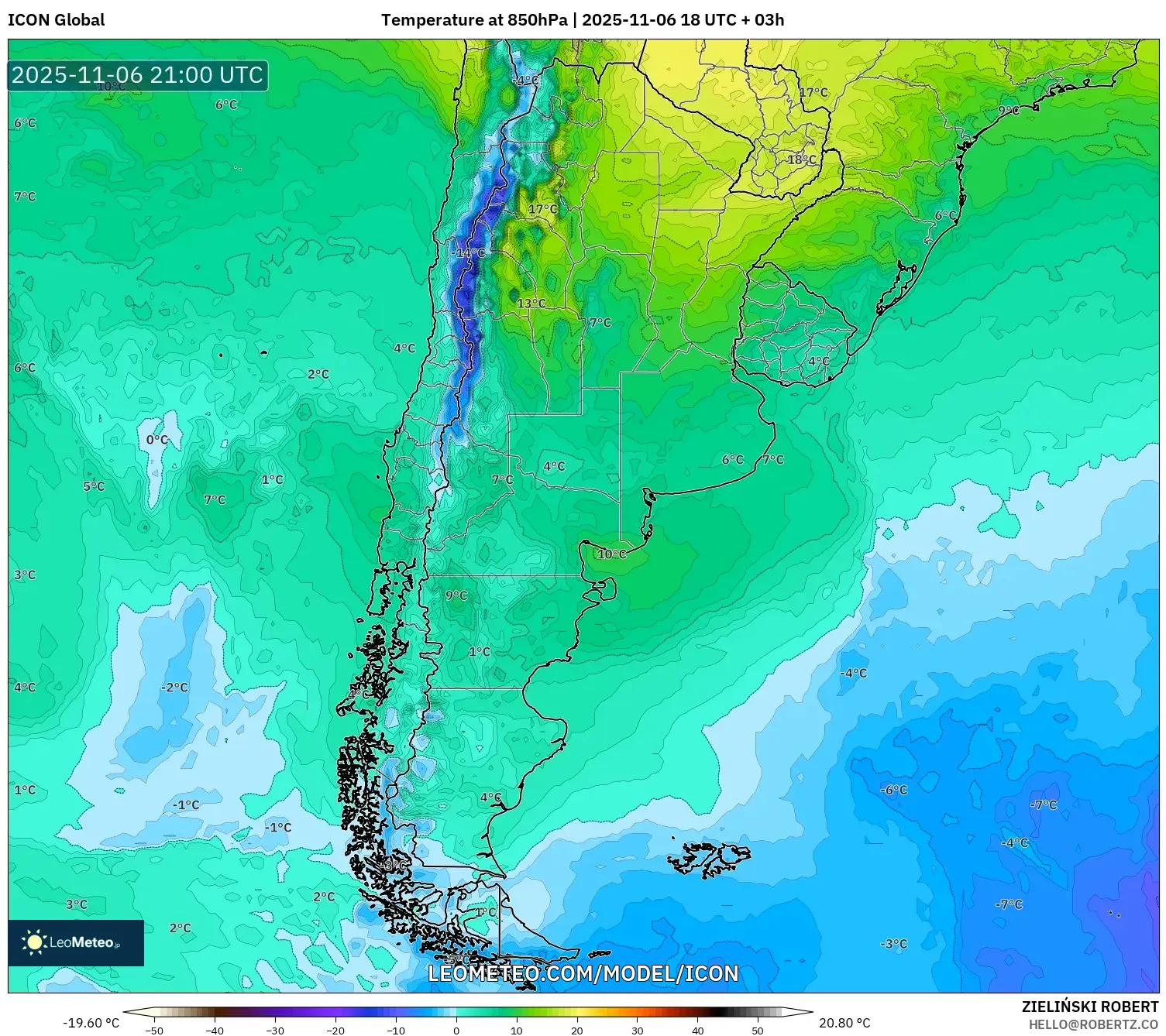 ICON model - Argentina, Temperature at 850hPa