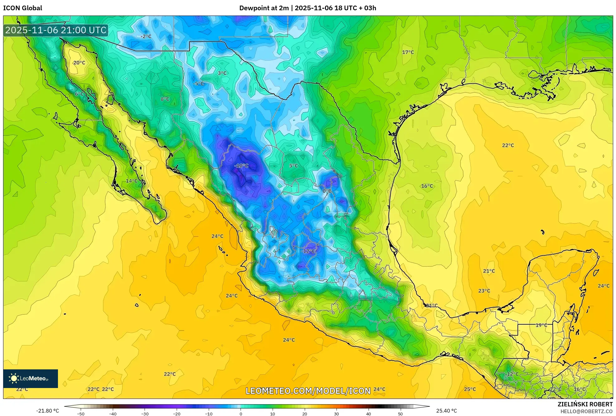 ICON model - Mexico, Dewpoint at 2m