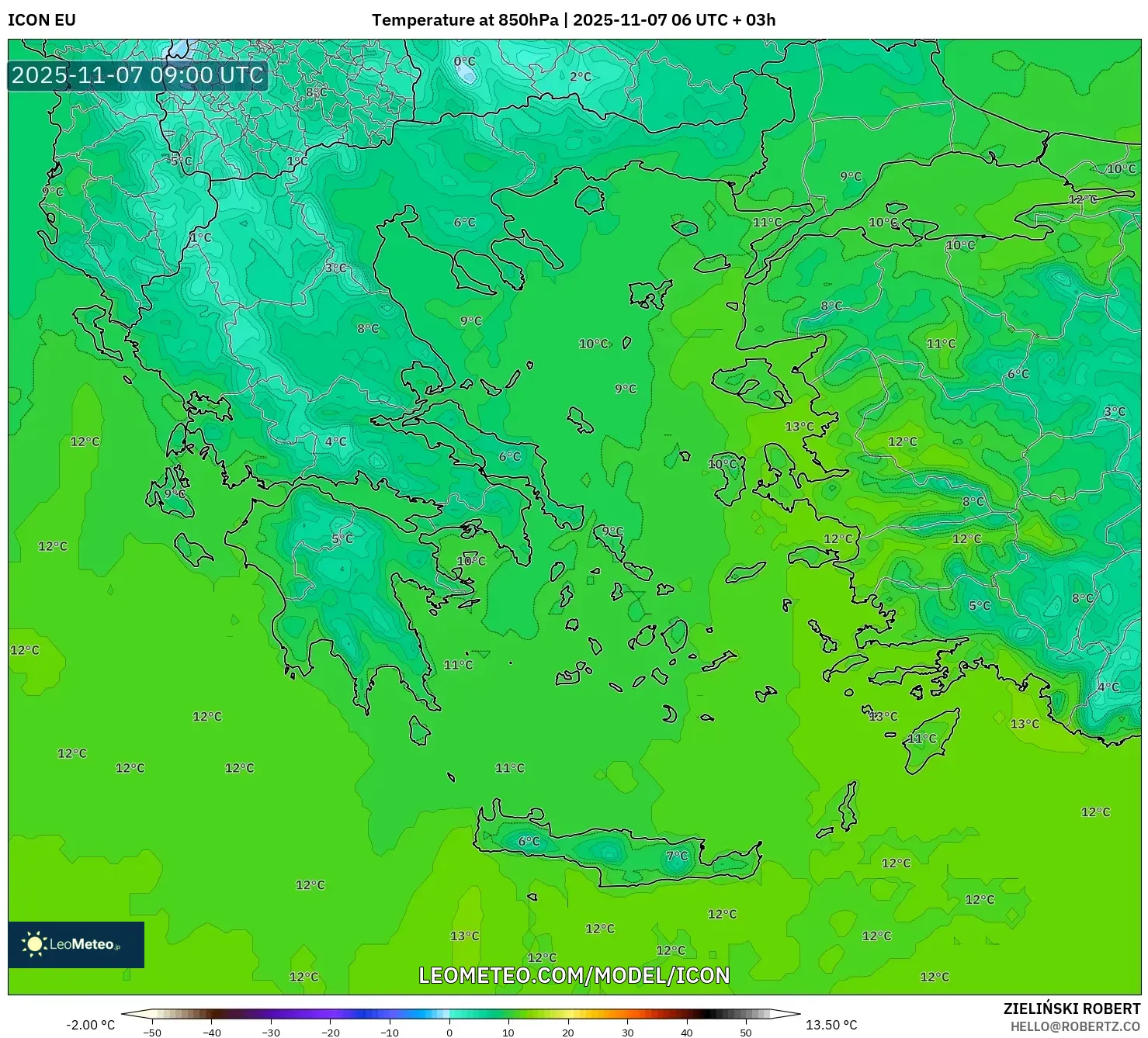 ICON model - Greece, Temperature at 850hPa