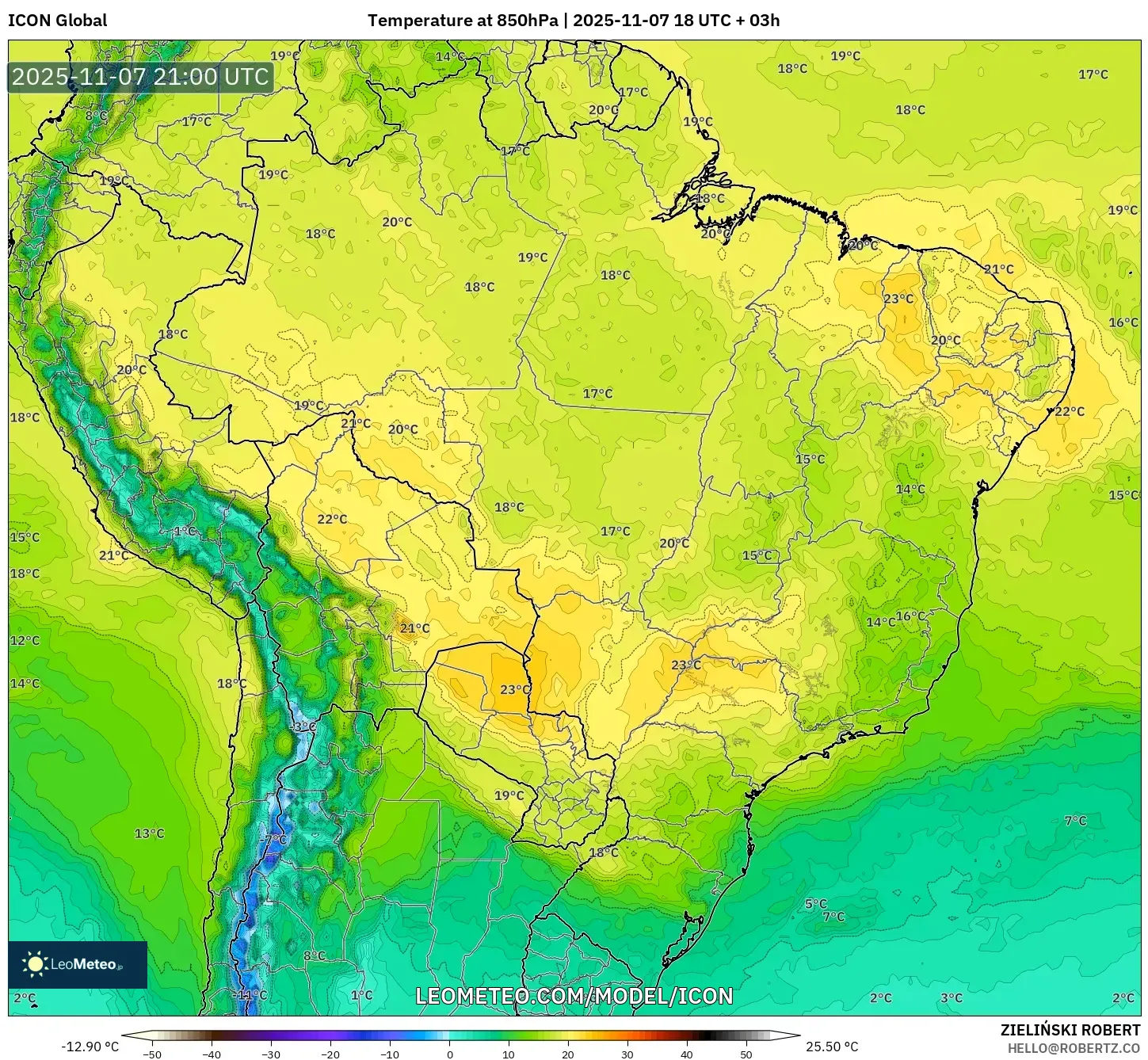 ICON model - Brazil, Temperature at 850hPa