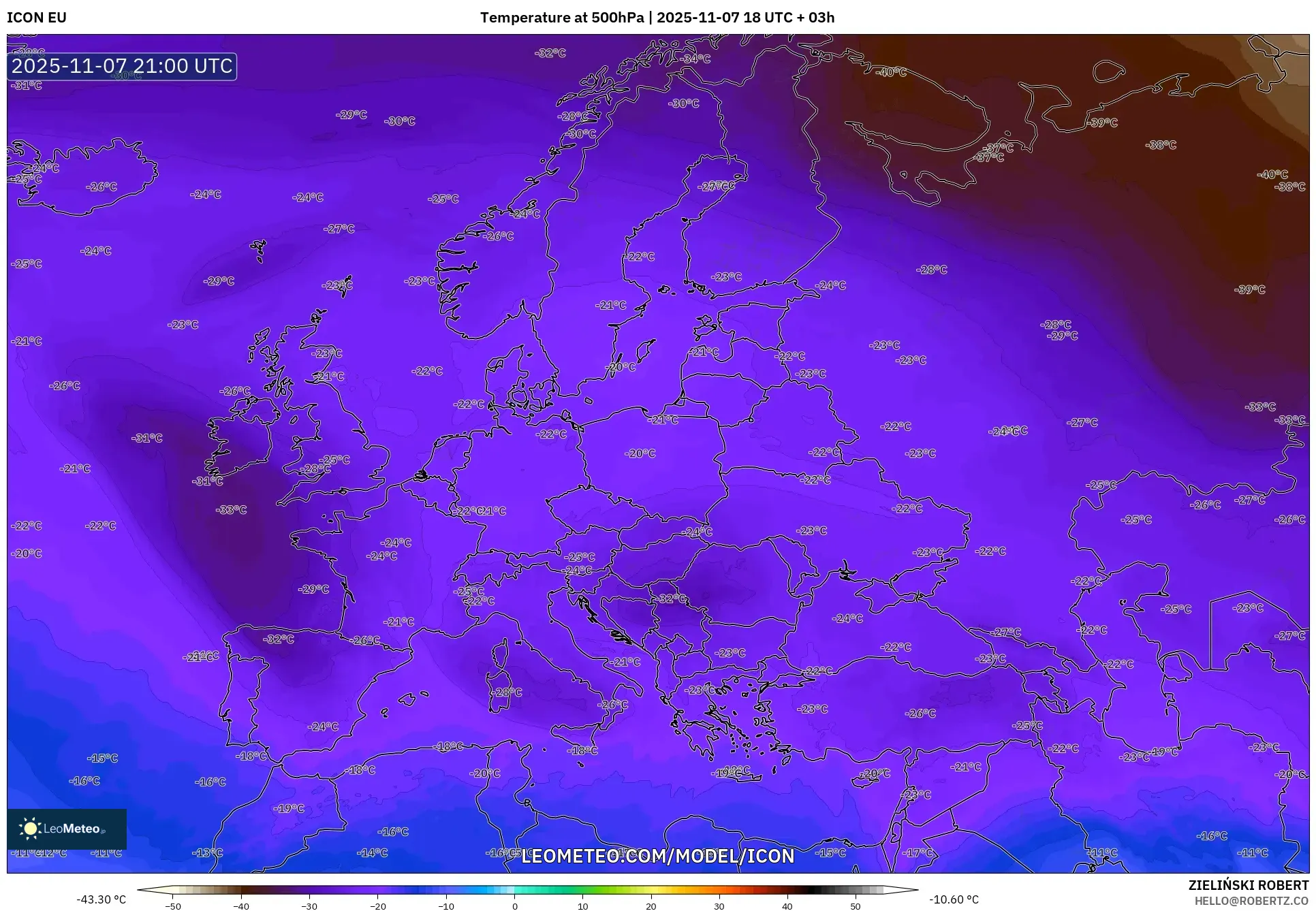 ICON model - Europe, Temperature at 500hPa