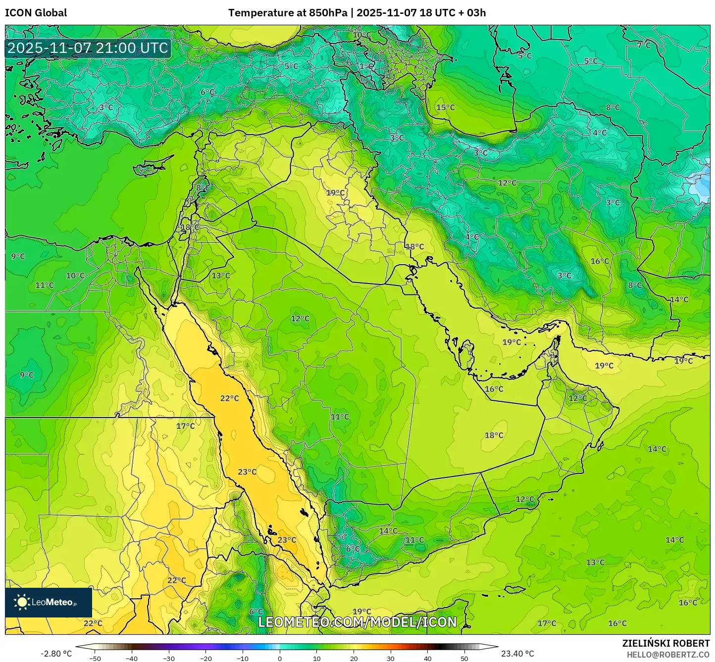ICON model - Middle East, Temperature at 850hPa