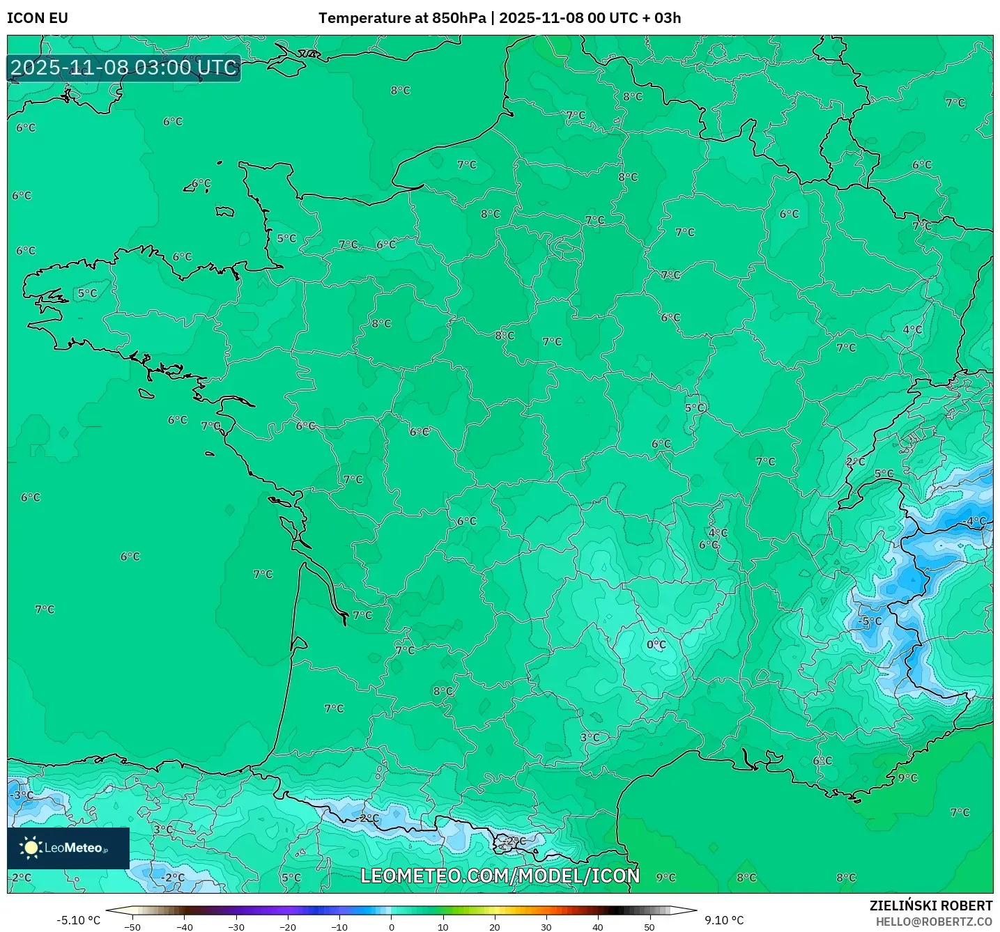ICON model - France, Temperature at 850hPa
