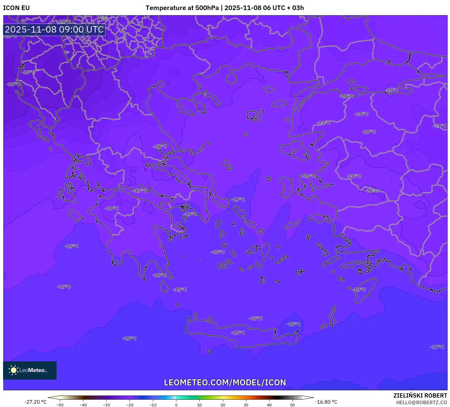 ICON model - Greece, Temperature at 500hPa