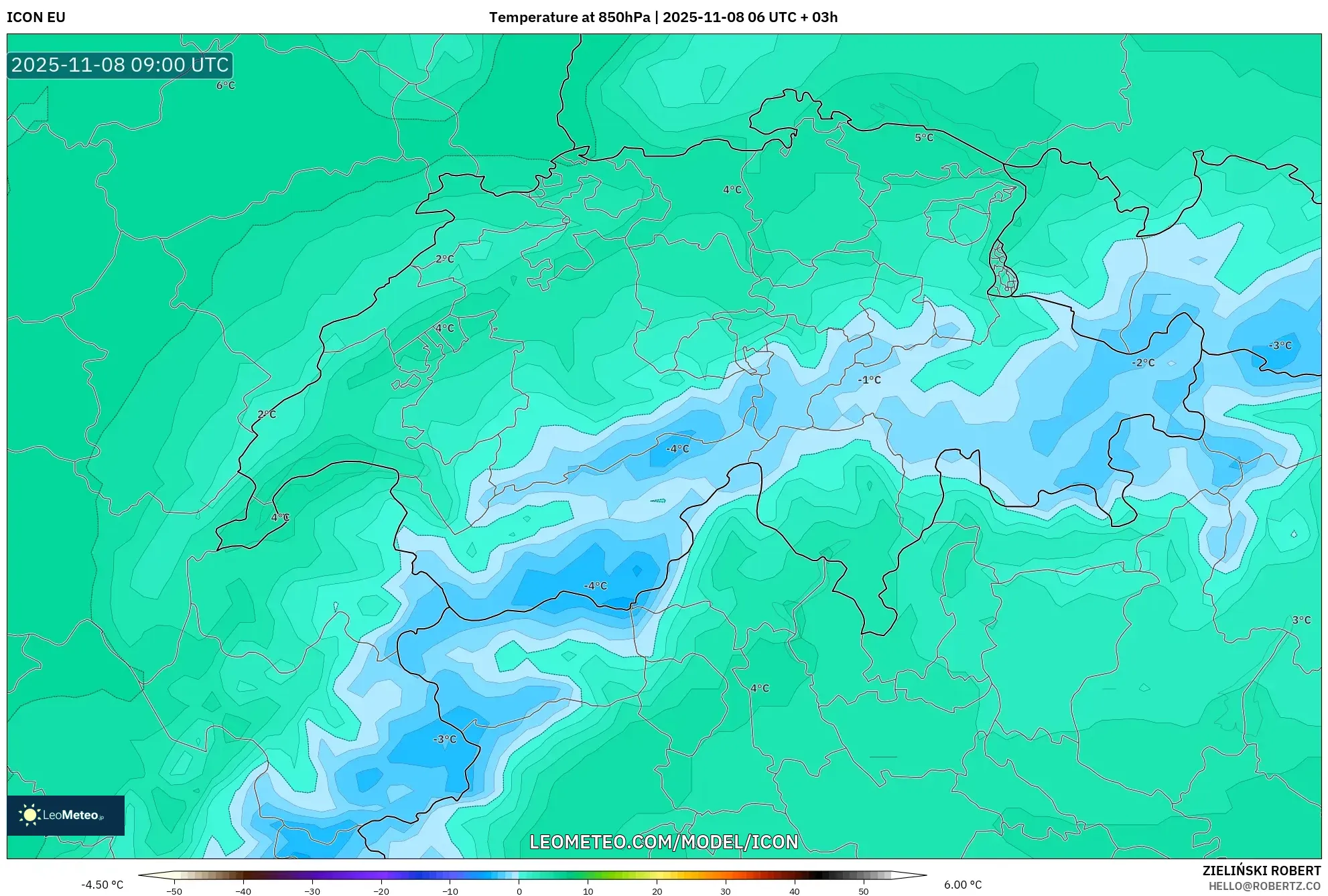ICON model - Switzerland, Temperature at 850hPa