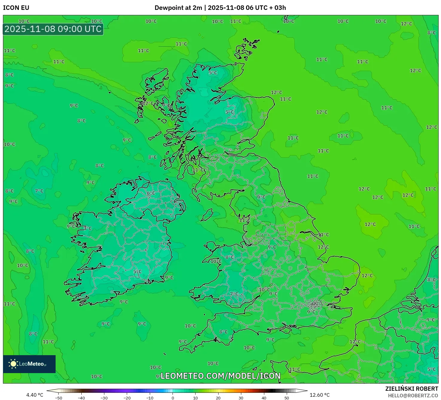 ICON model - United Kingdom, Dewpoint at 2m