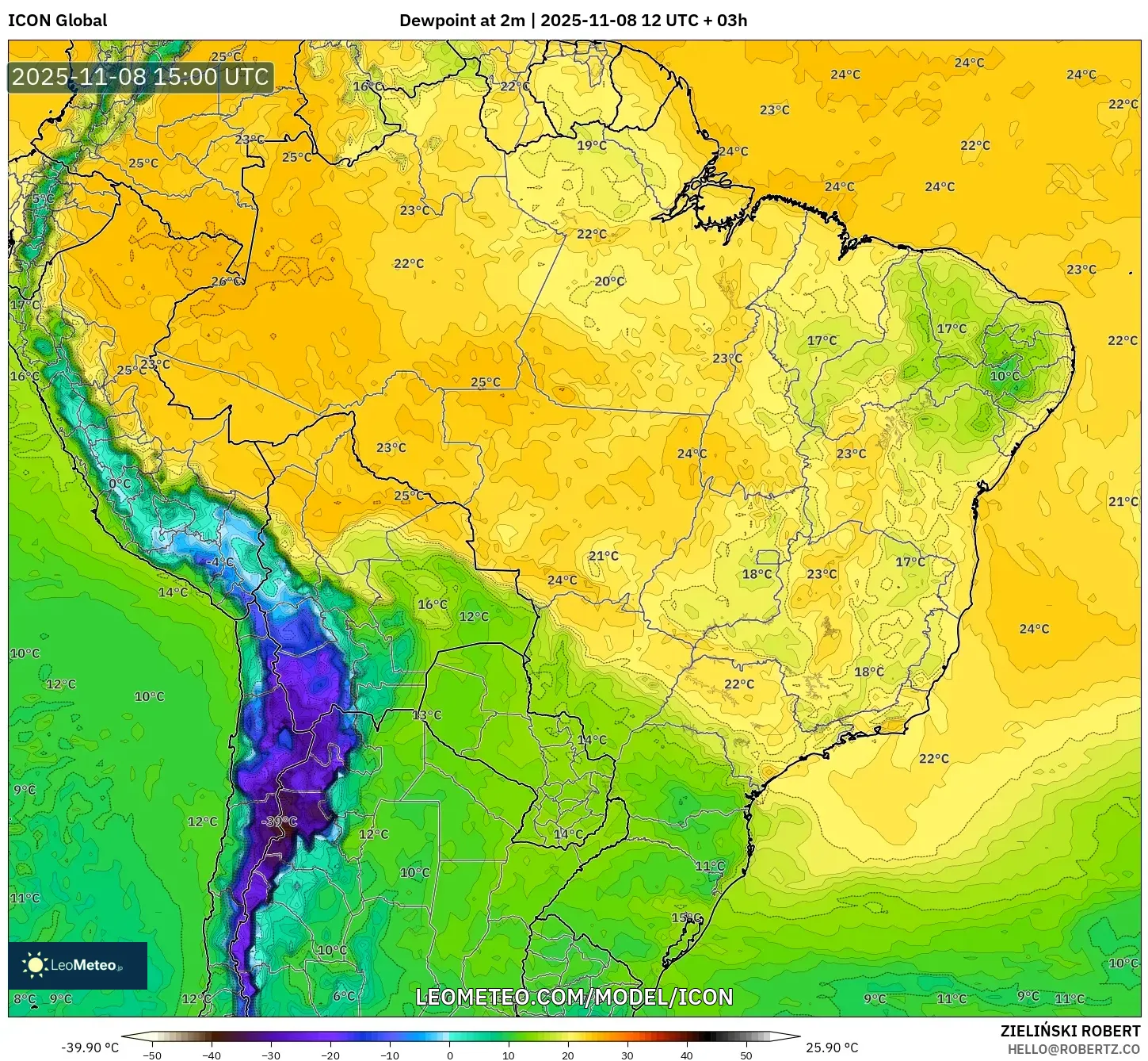 ICON model - Brazil, Dewpoint at 2m