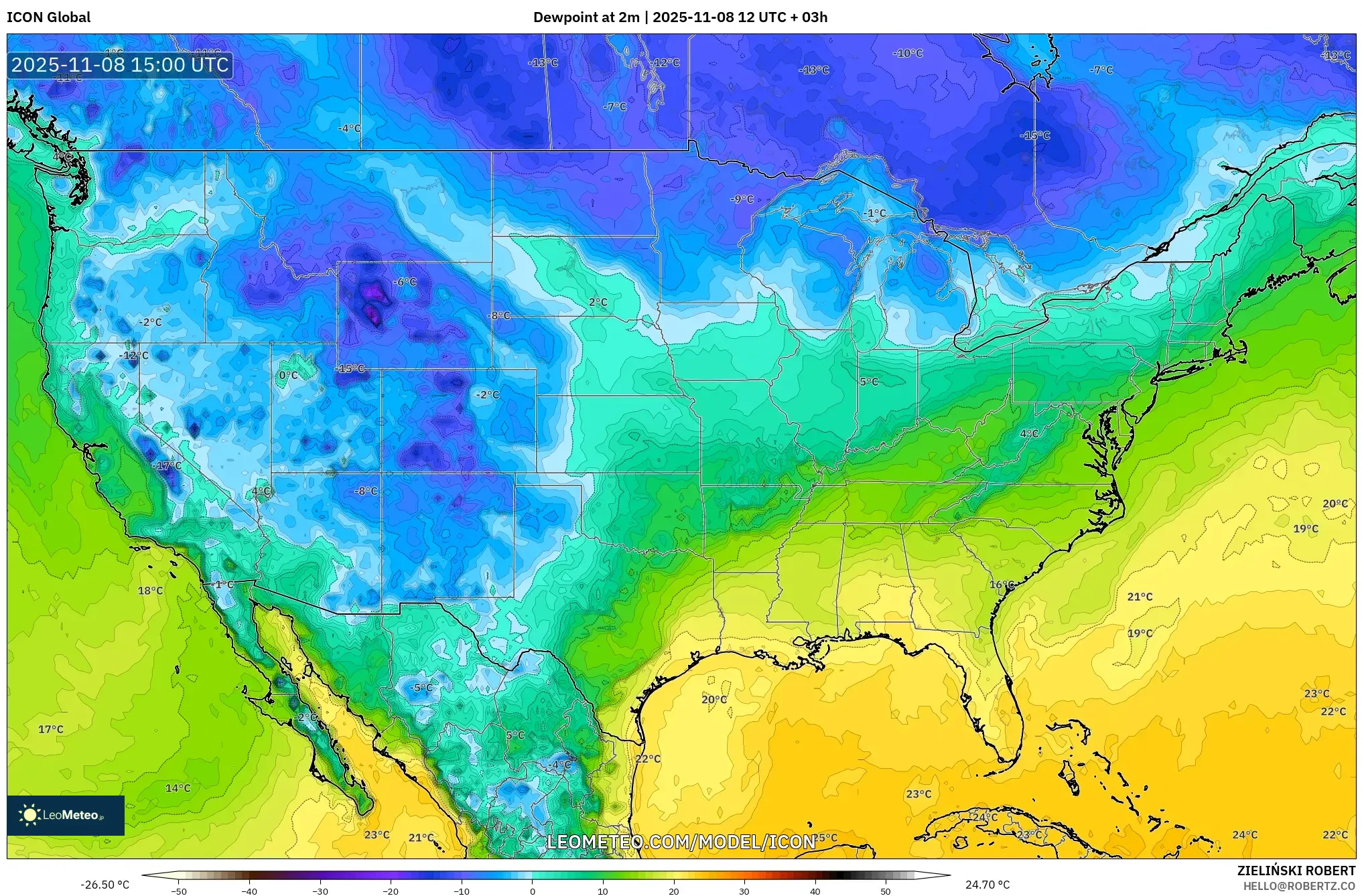 ICON model - United States, Dewpoint at 2m