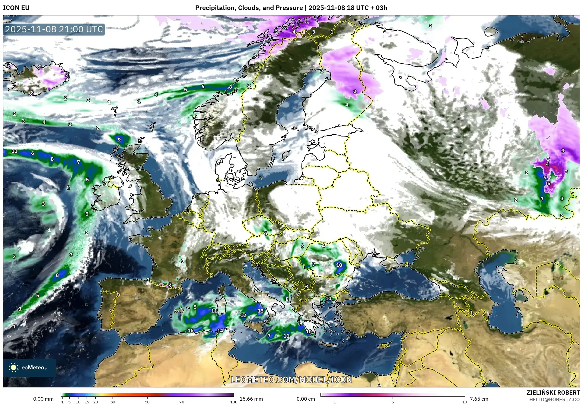 ICON model - Europe, Precipitation, Clouds, and Pressure