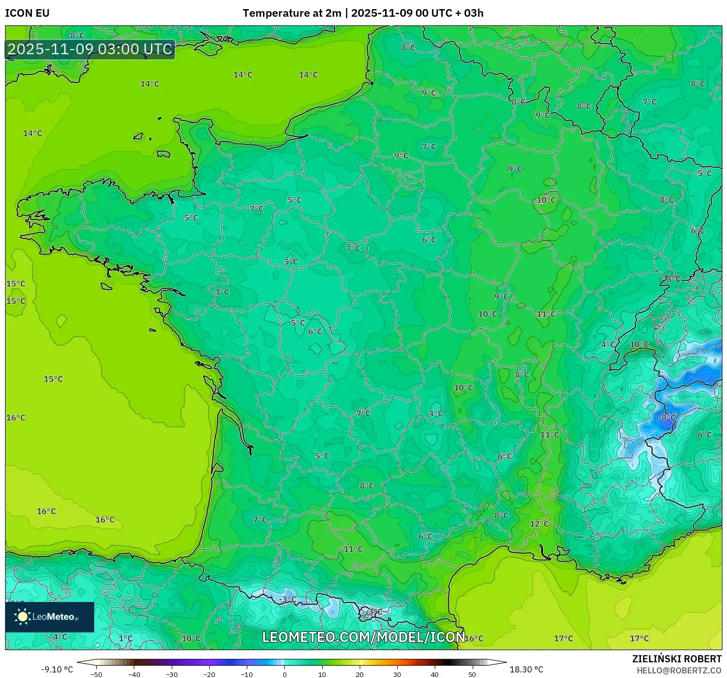 ICON model - France, Temperature at 2m