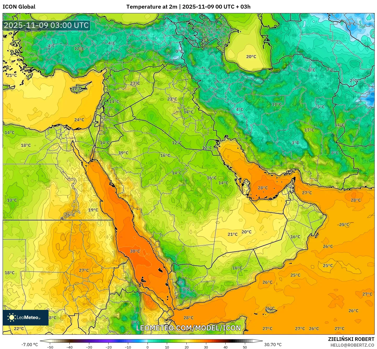 ICON model - Middle East, Temperature at 2m
