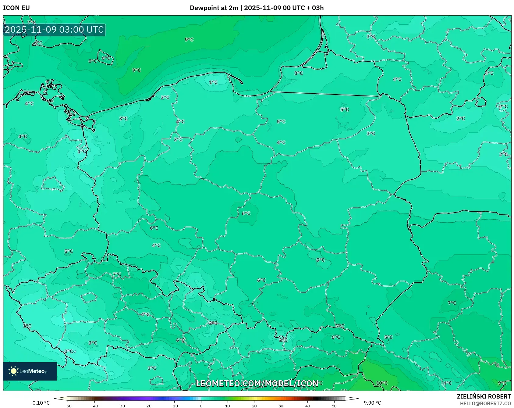 ICON model - Poland, Dewpoint at 2m