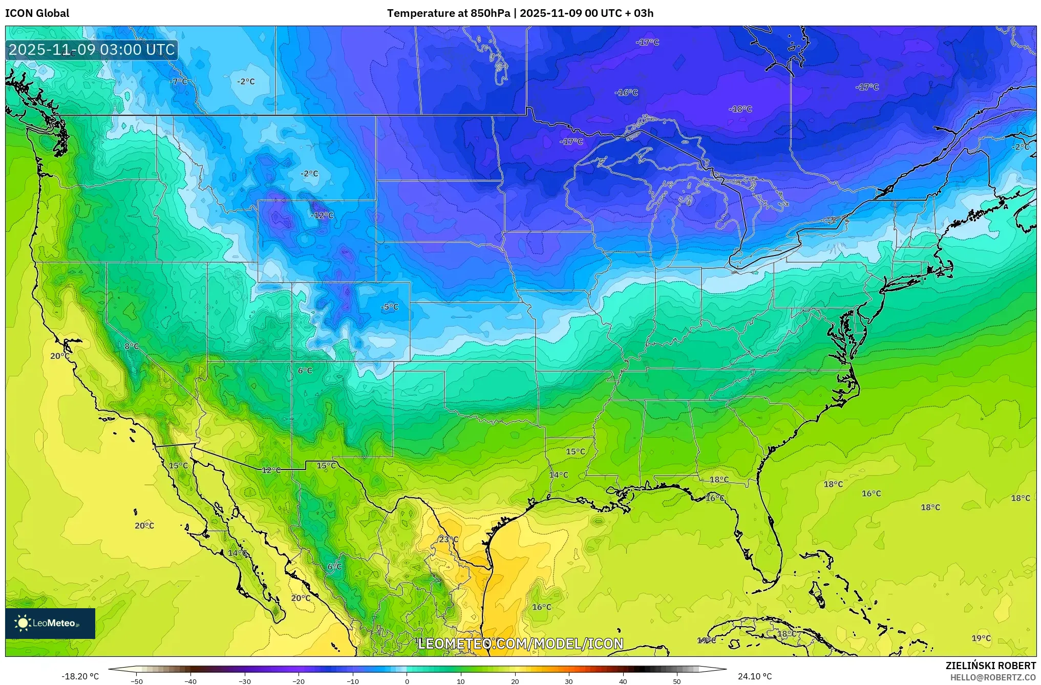 ICON model - United States, Temperature at 850hPa