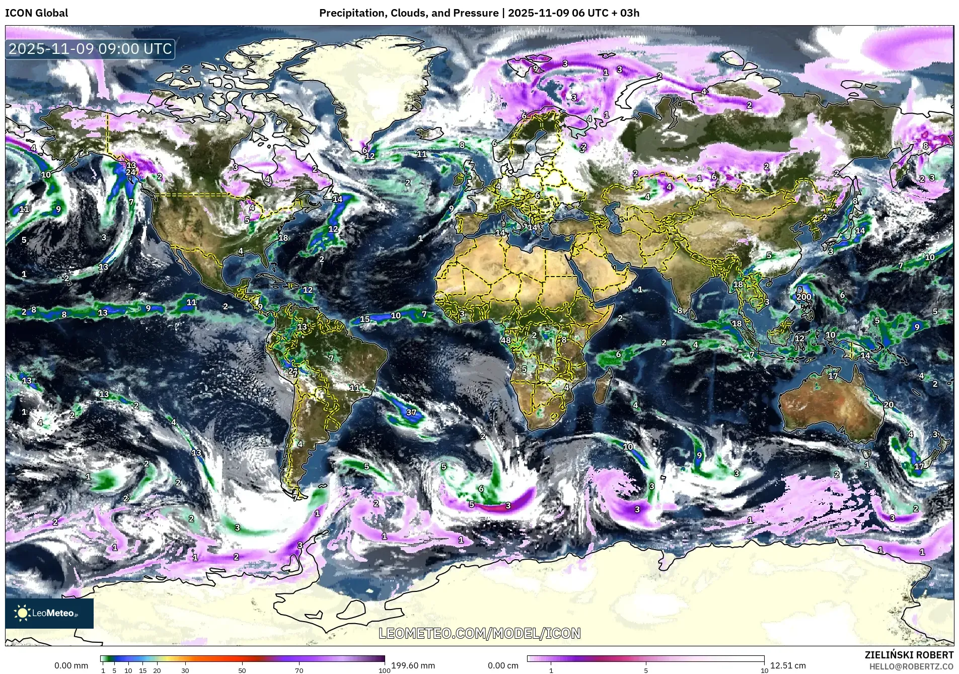 ICON model - World, Precipitation, Clouds, and Pressure