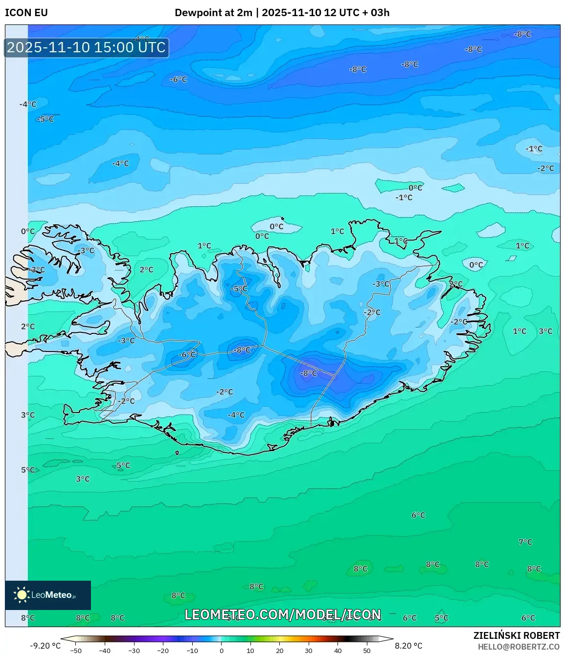 ICON model - Iceland, Dewpoint at 2m