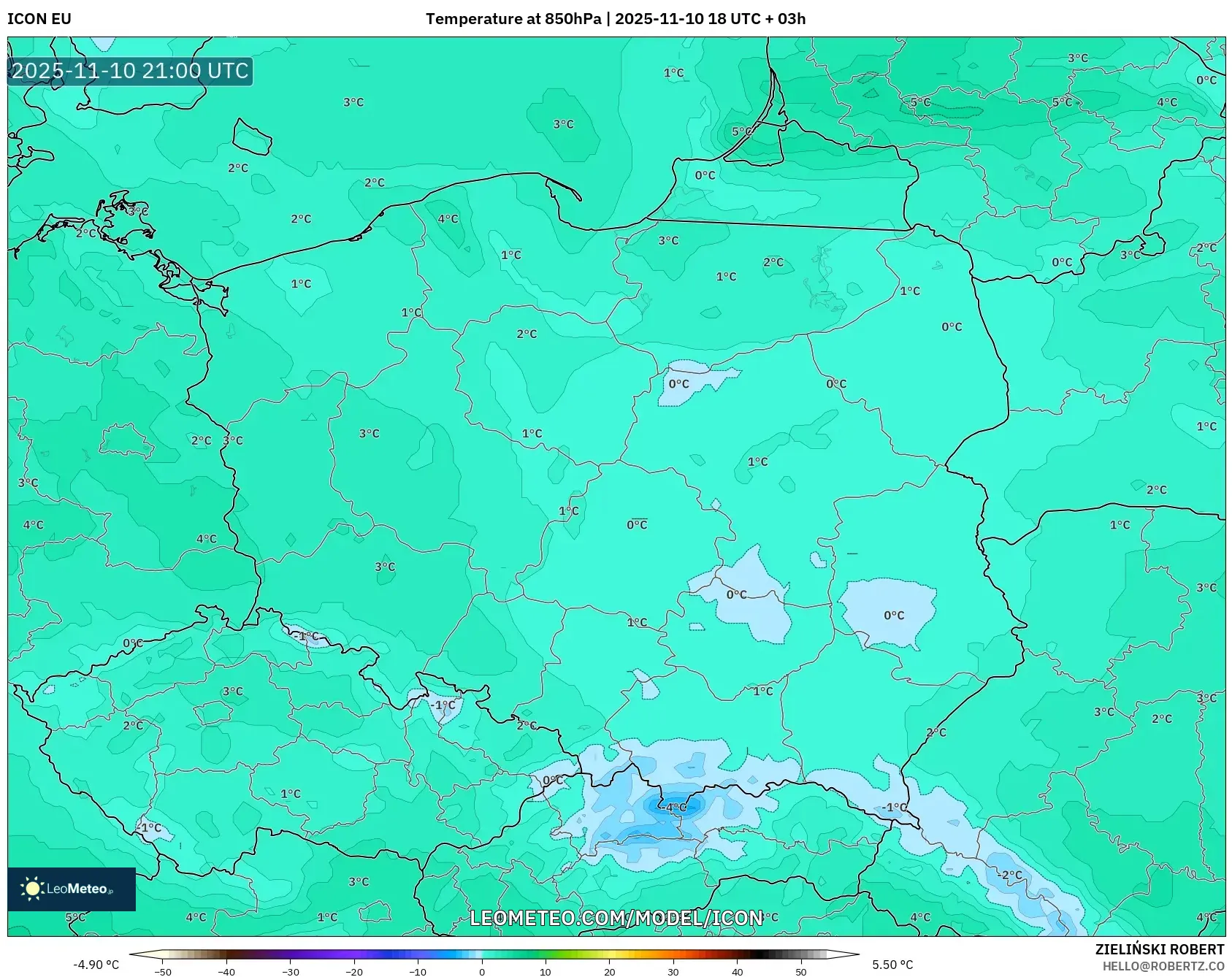 ICON model - Poland, Temperature at 850hPa