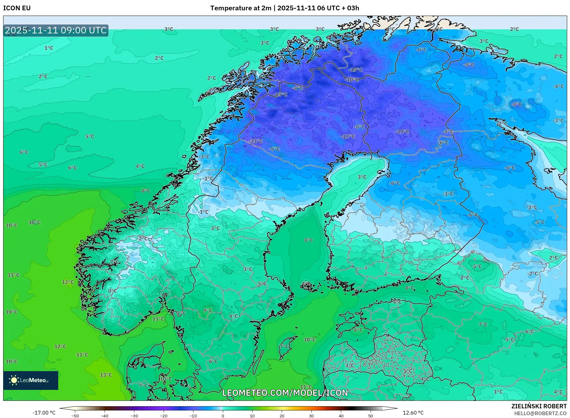 ICON model - Scandinavia, Temperature at 2m