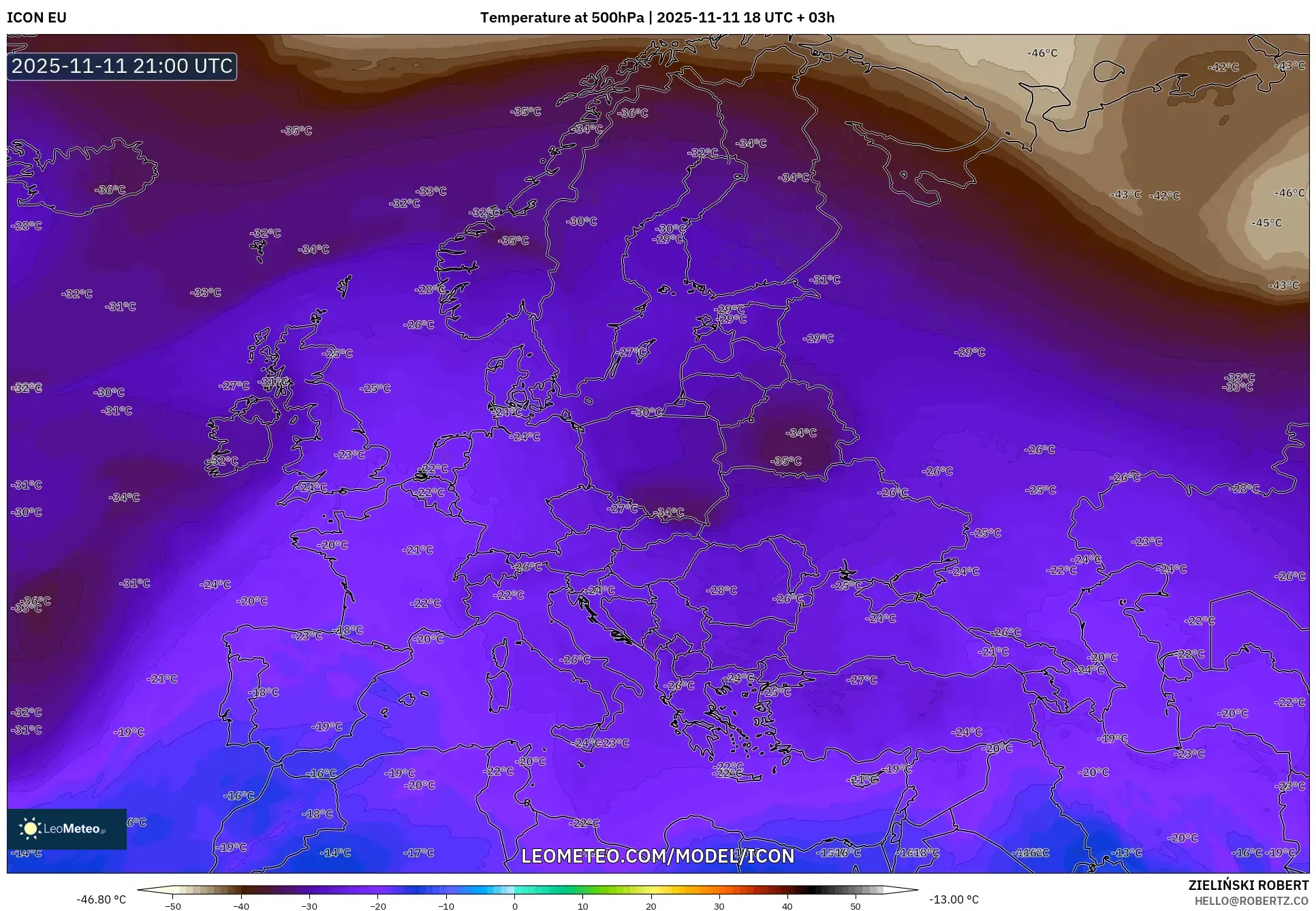 ICON model - Europe, Temperature at 500hPa