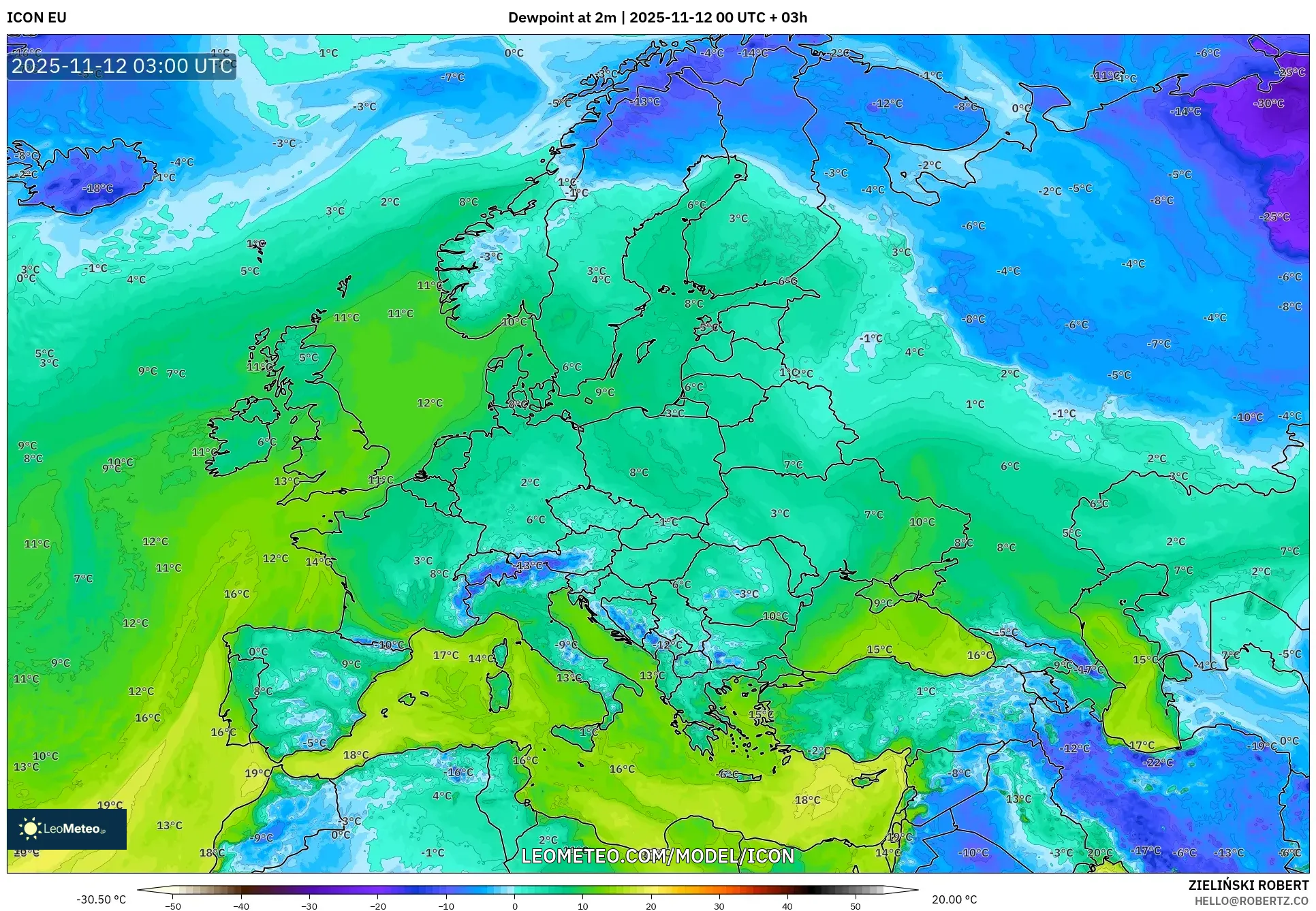 ICON model - Europe, Dewpoint at 2m