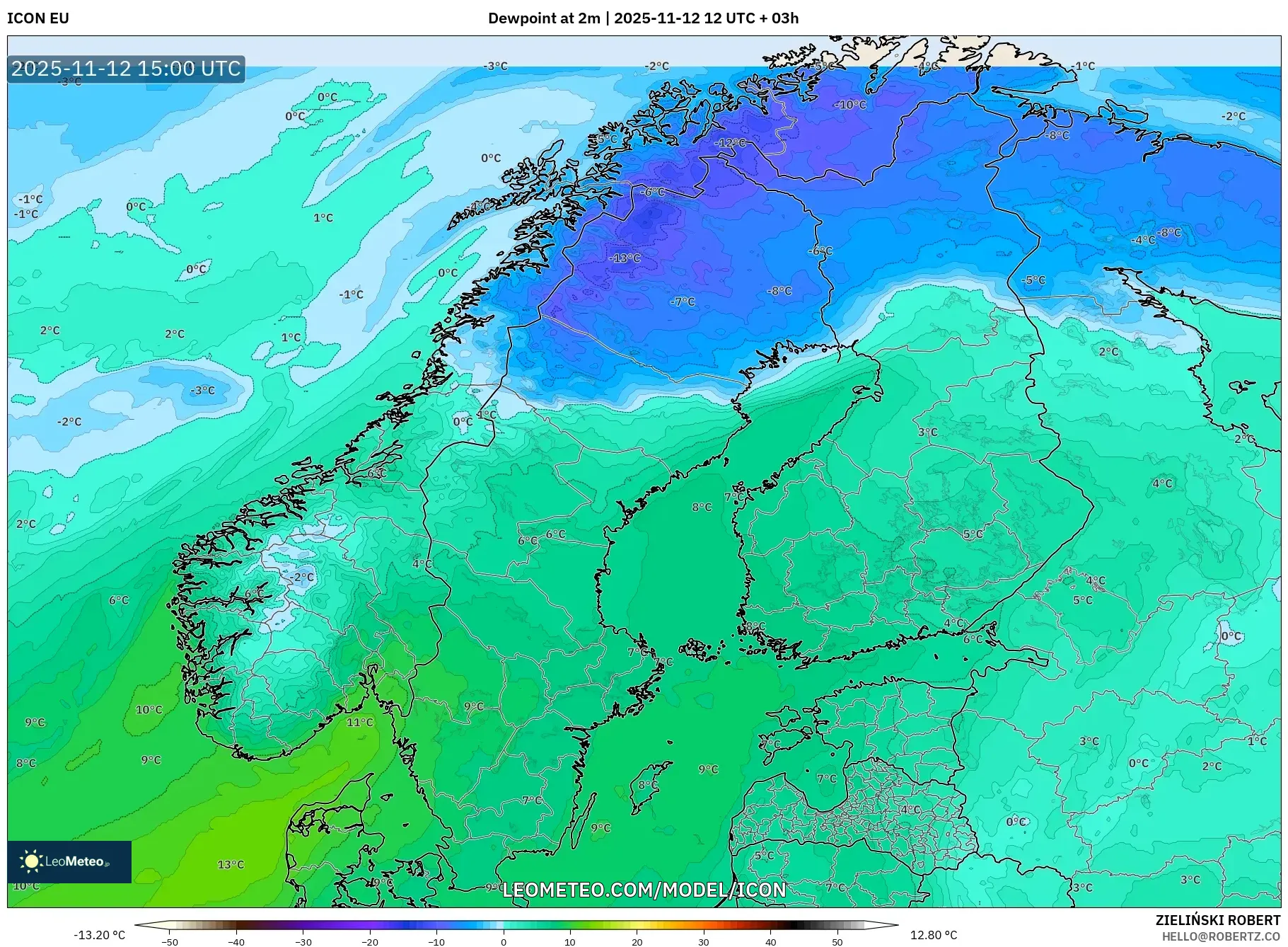 ICON model - Scandinavia, Dewpoint at 2m