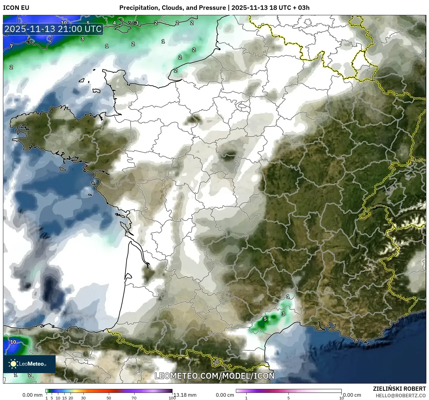 ICON model - France, Precipitation, Clouds, and Pressure