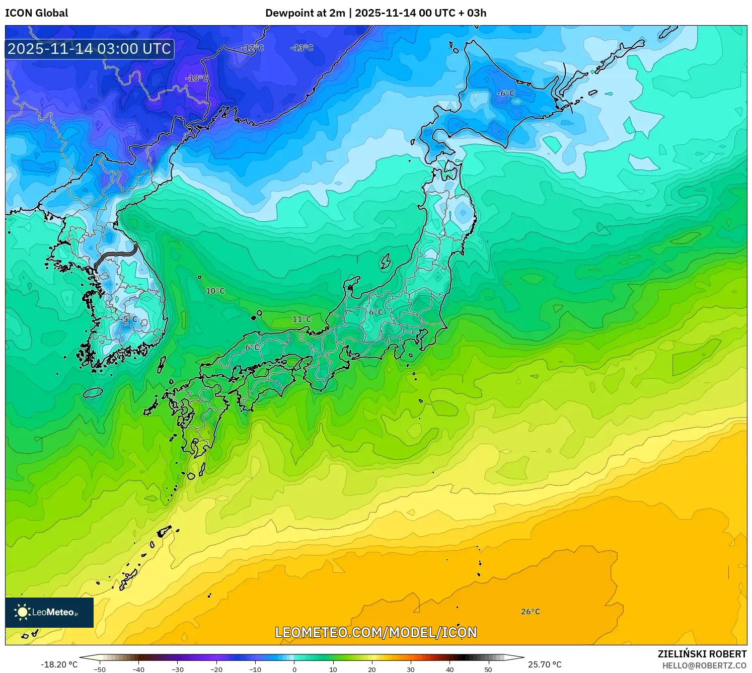 ICON model - Japan, Dewpoint at 2m