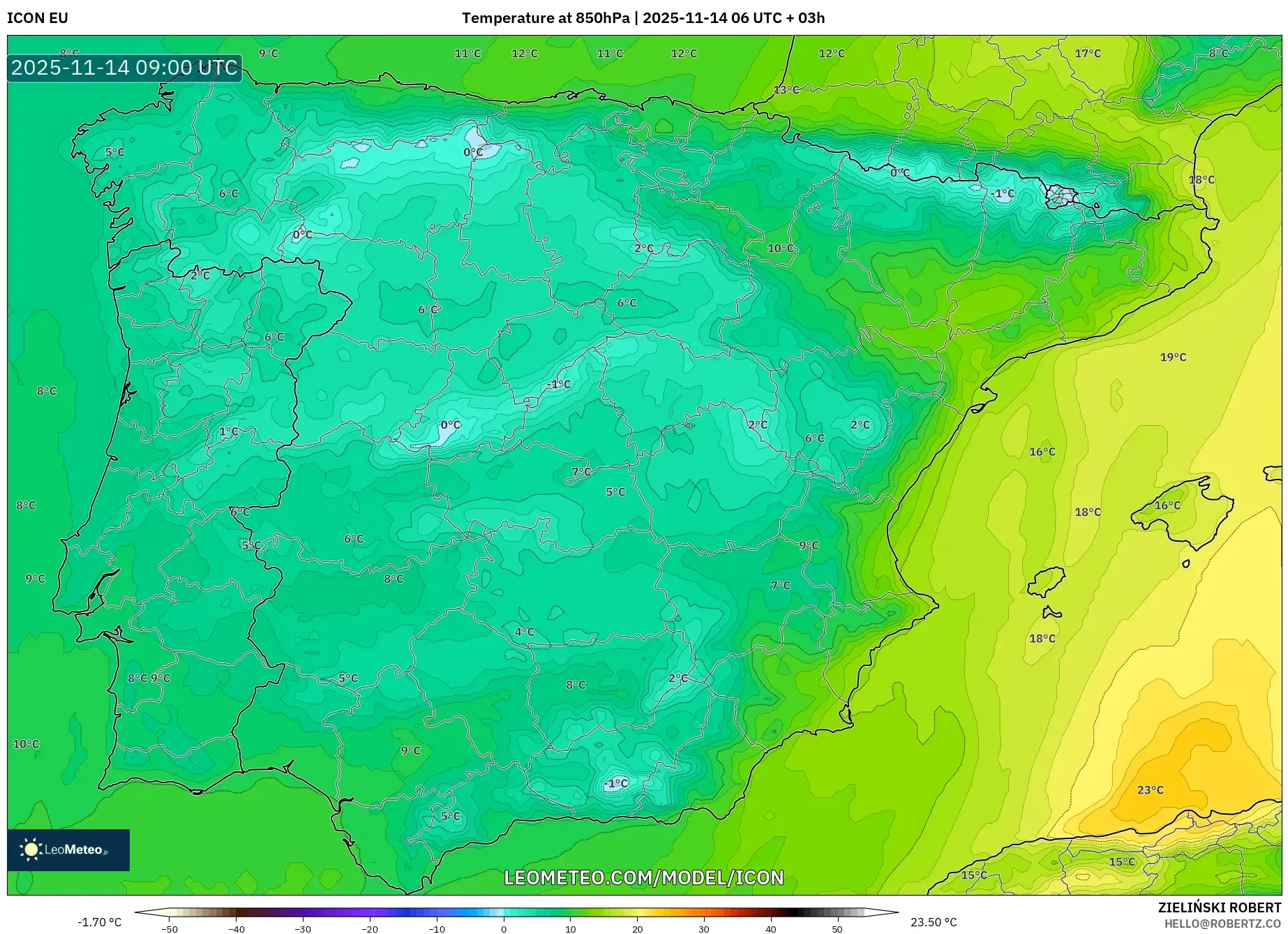 ICON model - Spain, Temperature at 850hPa
