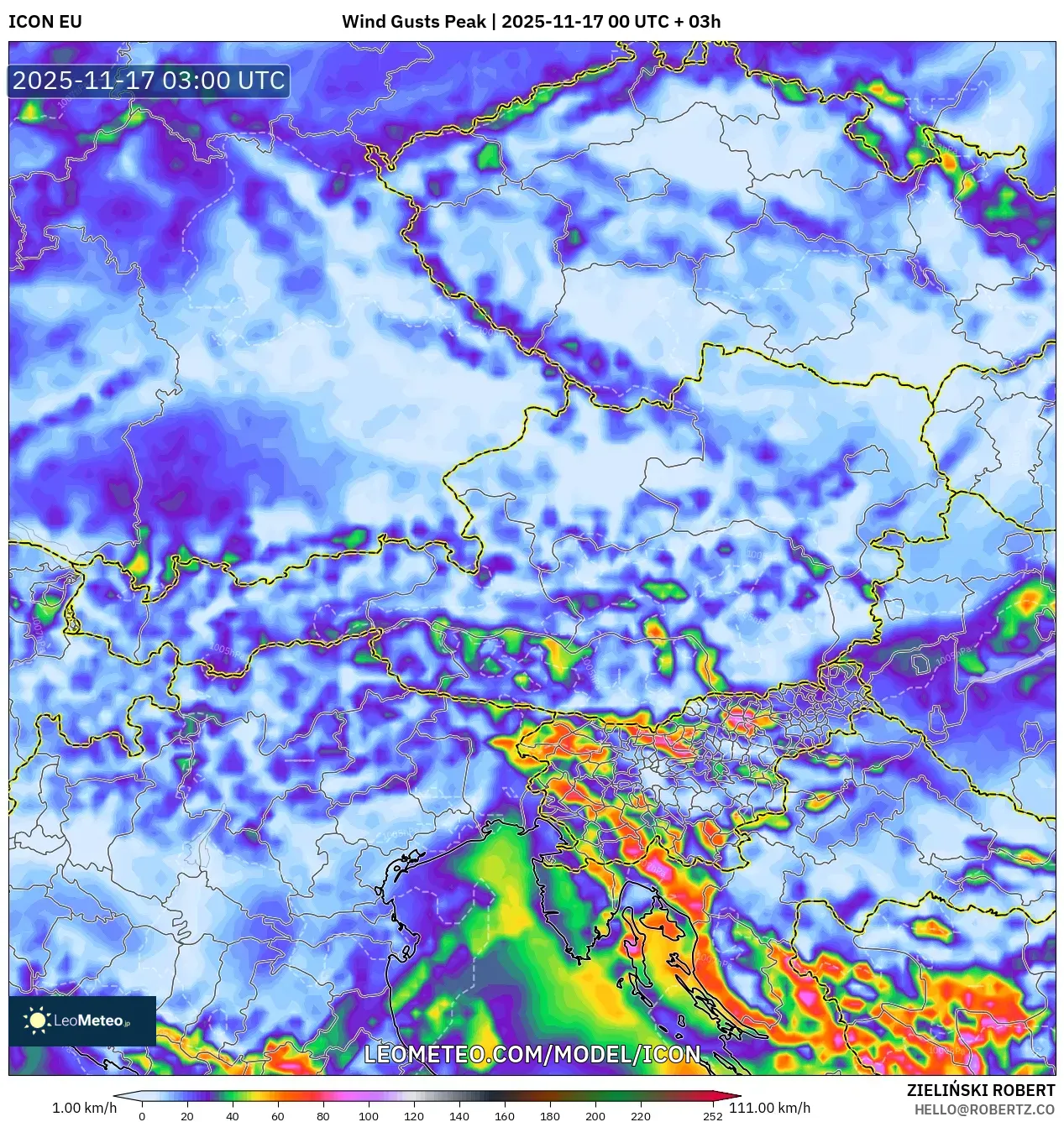ICON model - Austria, Wind Gusts Peak