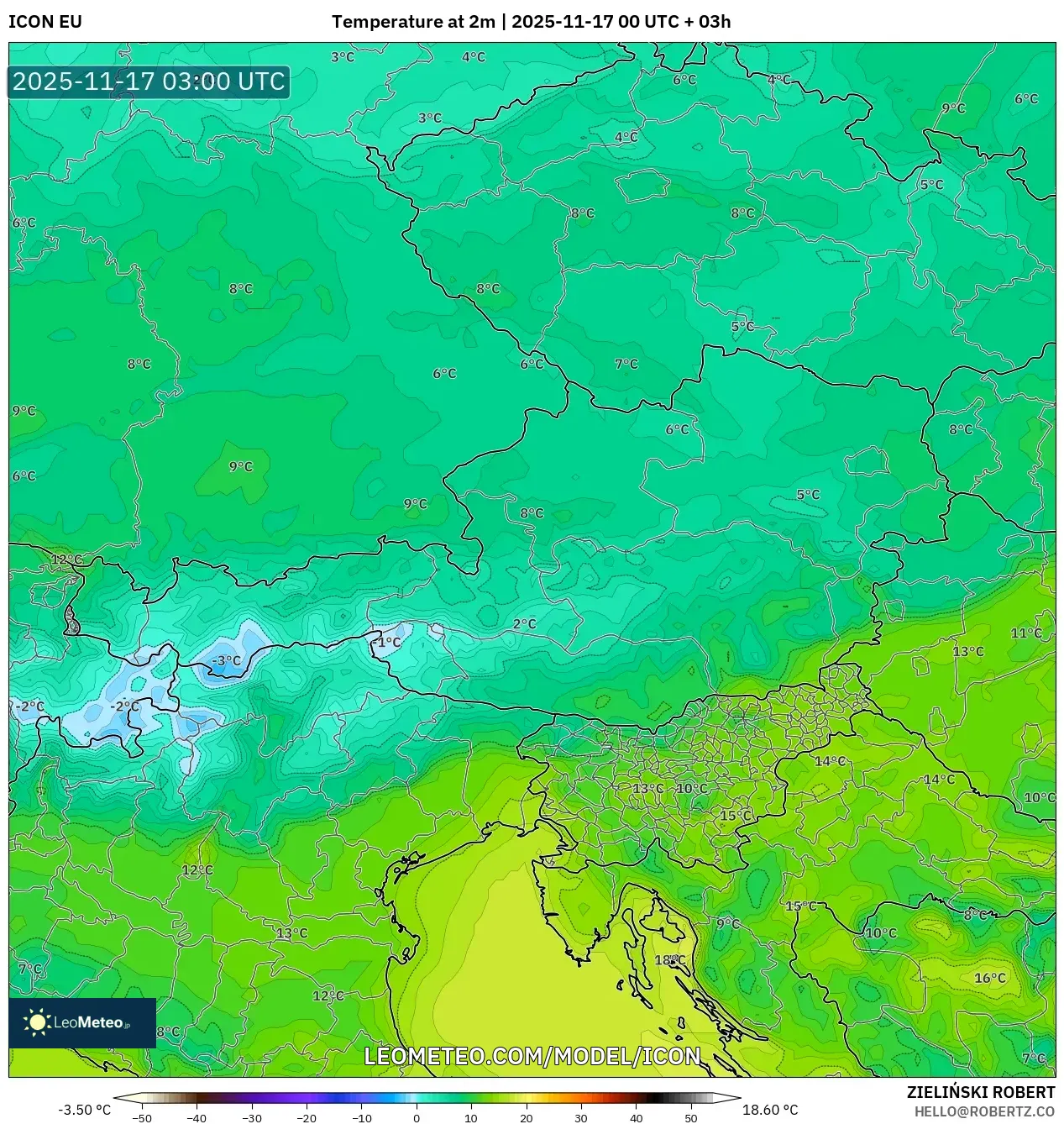 ICON model - Austria, Temperature at 2m