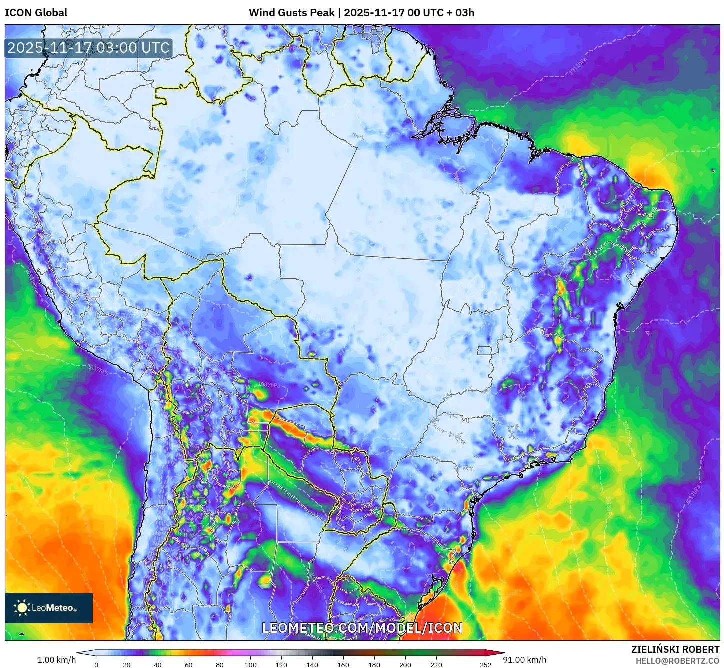 ICON model - Brazil, Wind Gusts Peak