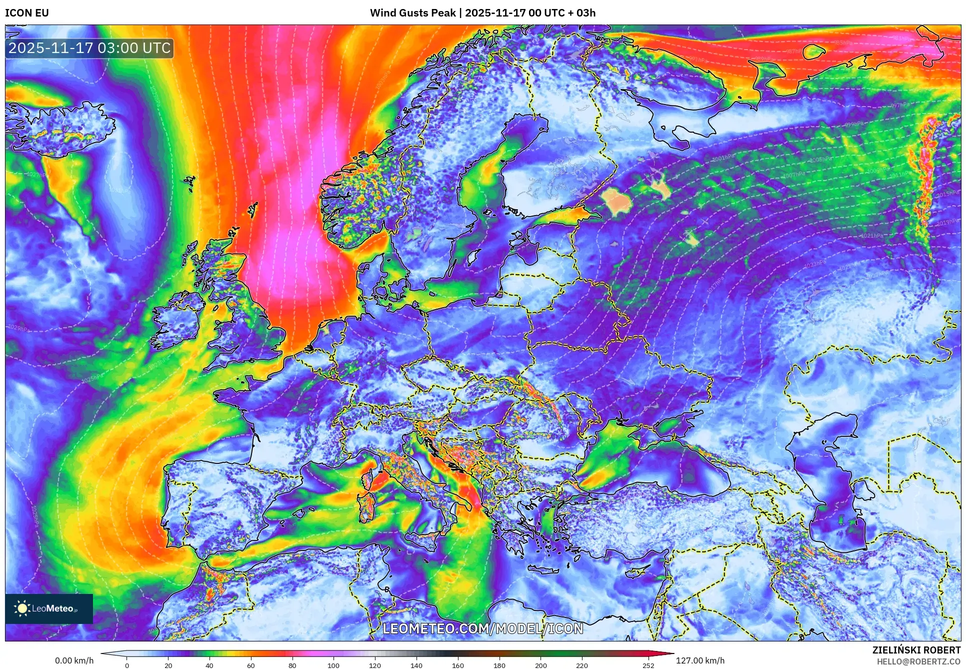 ICON model - Europe, Wind Gusts Peak