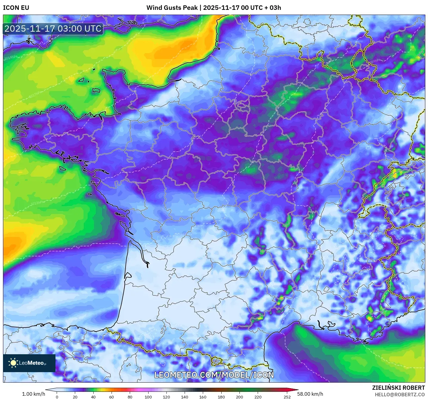 ICON model - France, Wind Gusts Peak