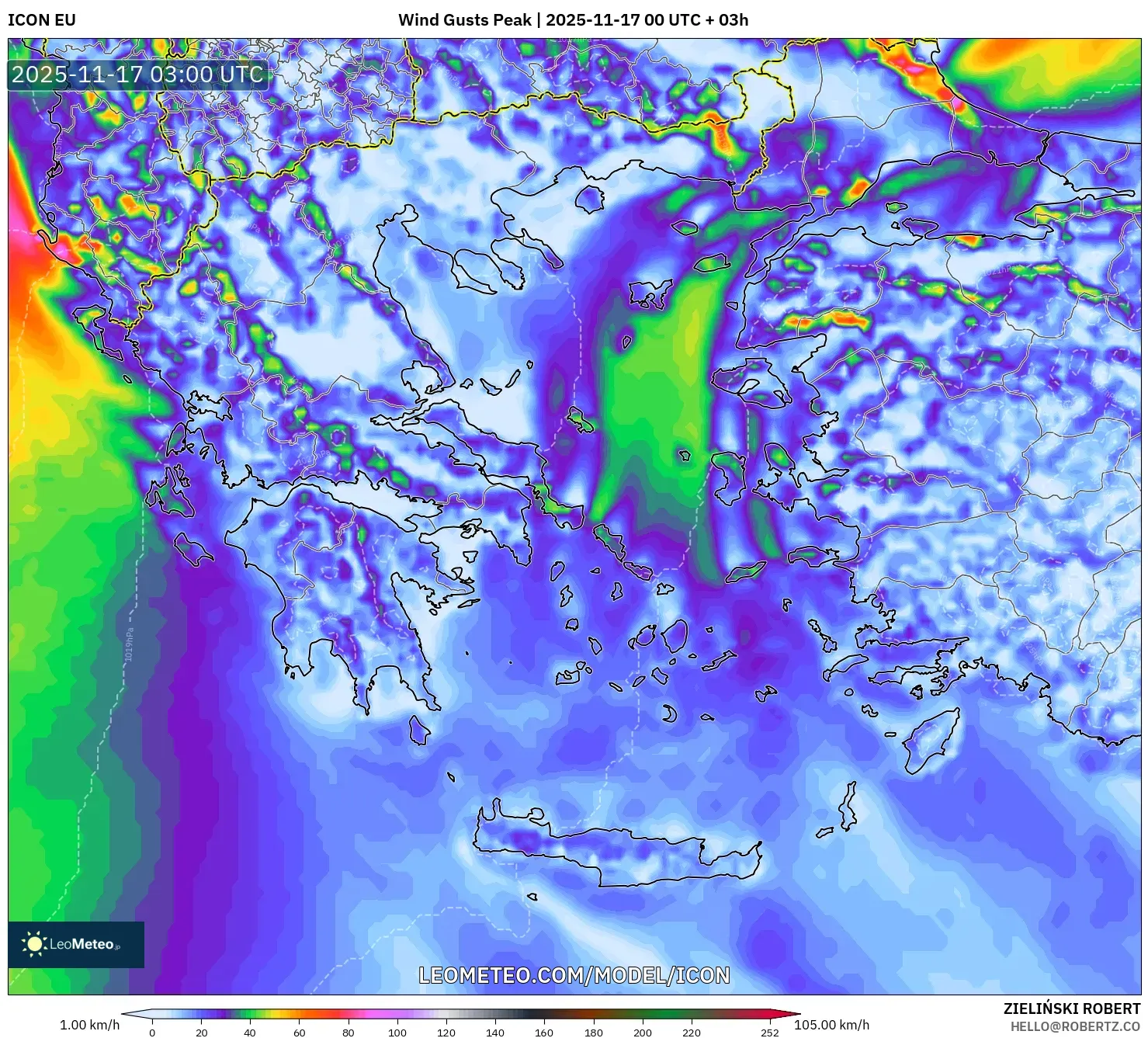 ICON model - Greece, Wind Gusts Peak