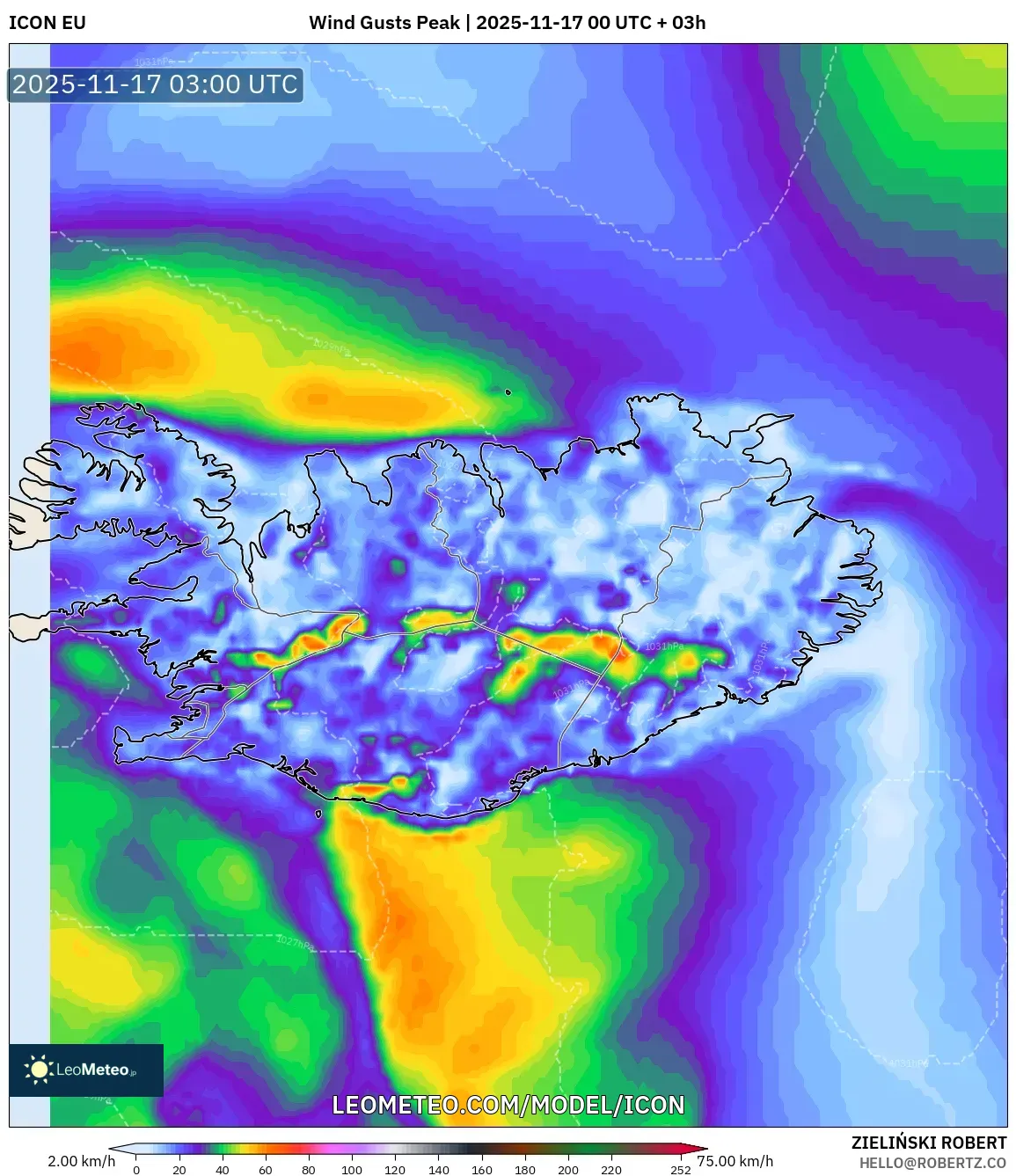 ICON model - Iceland, Wind Gusts Peak