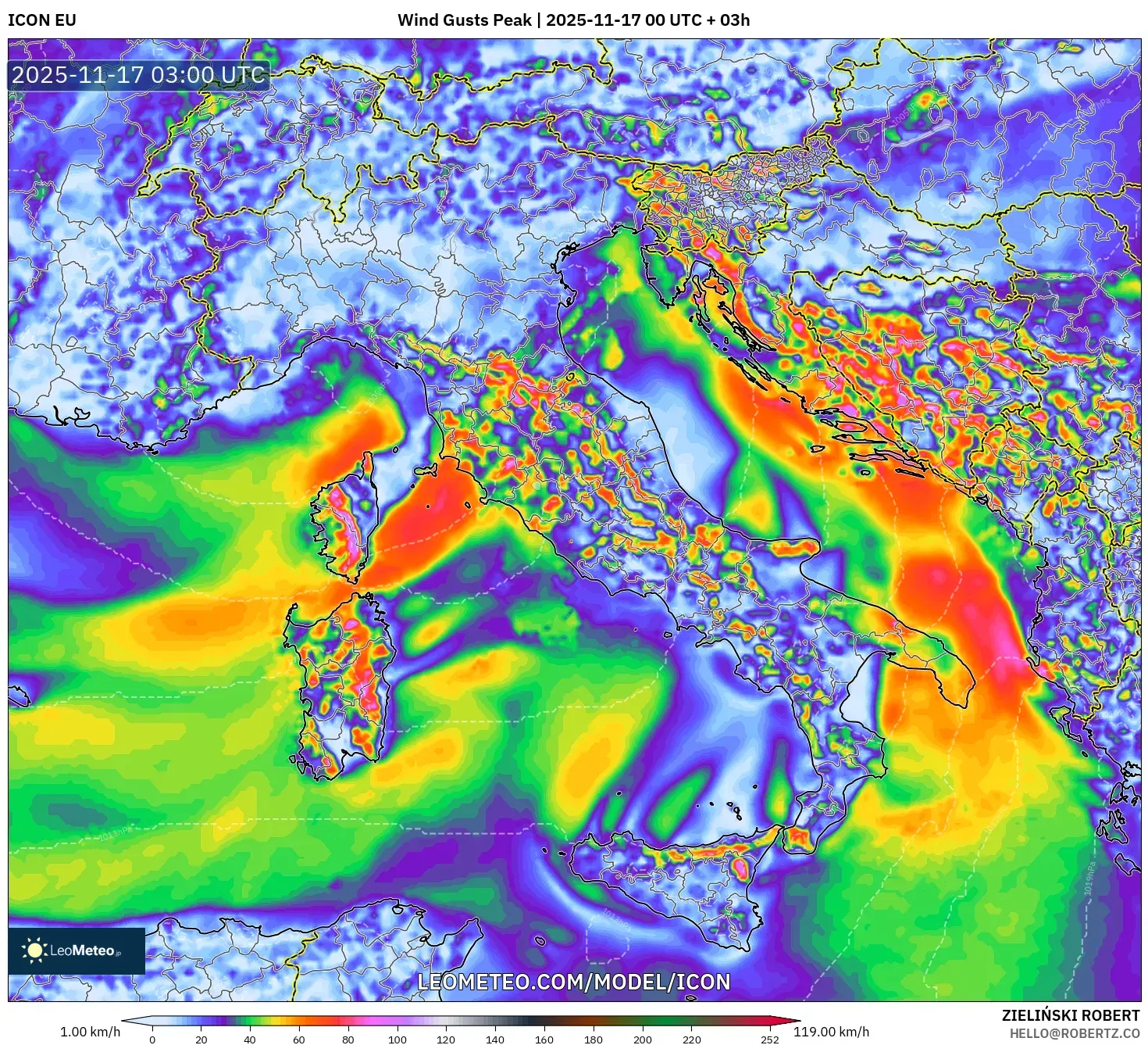 ICON model - Italy, Wind Gusts Peak
