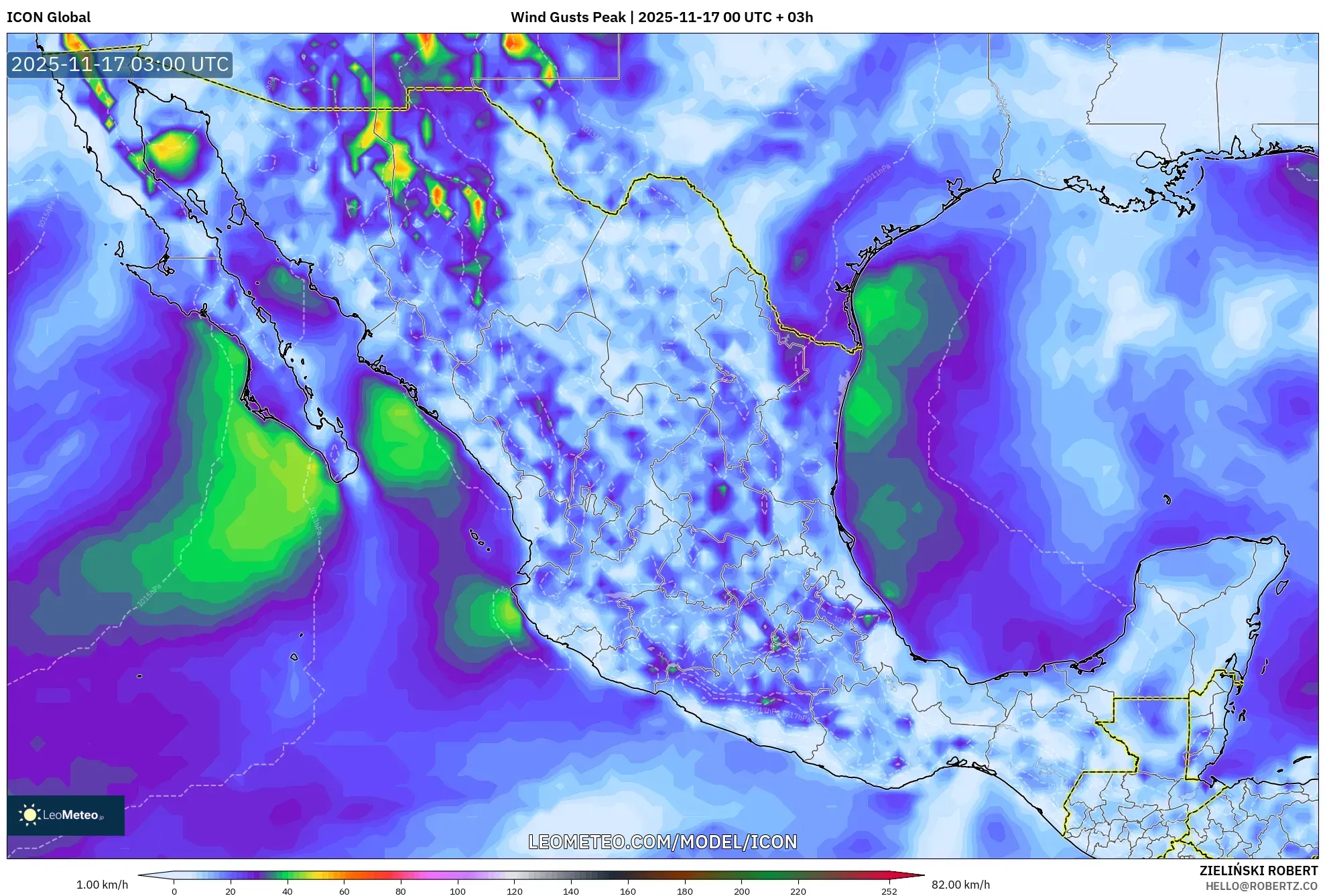ICON model - Mexico, Wind Gusts Peak