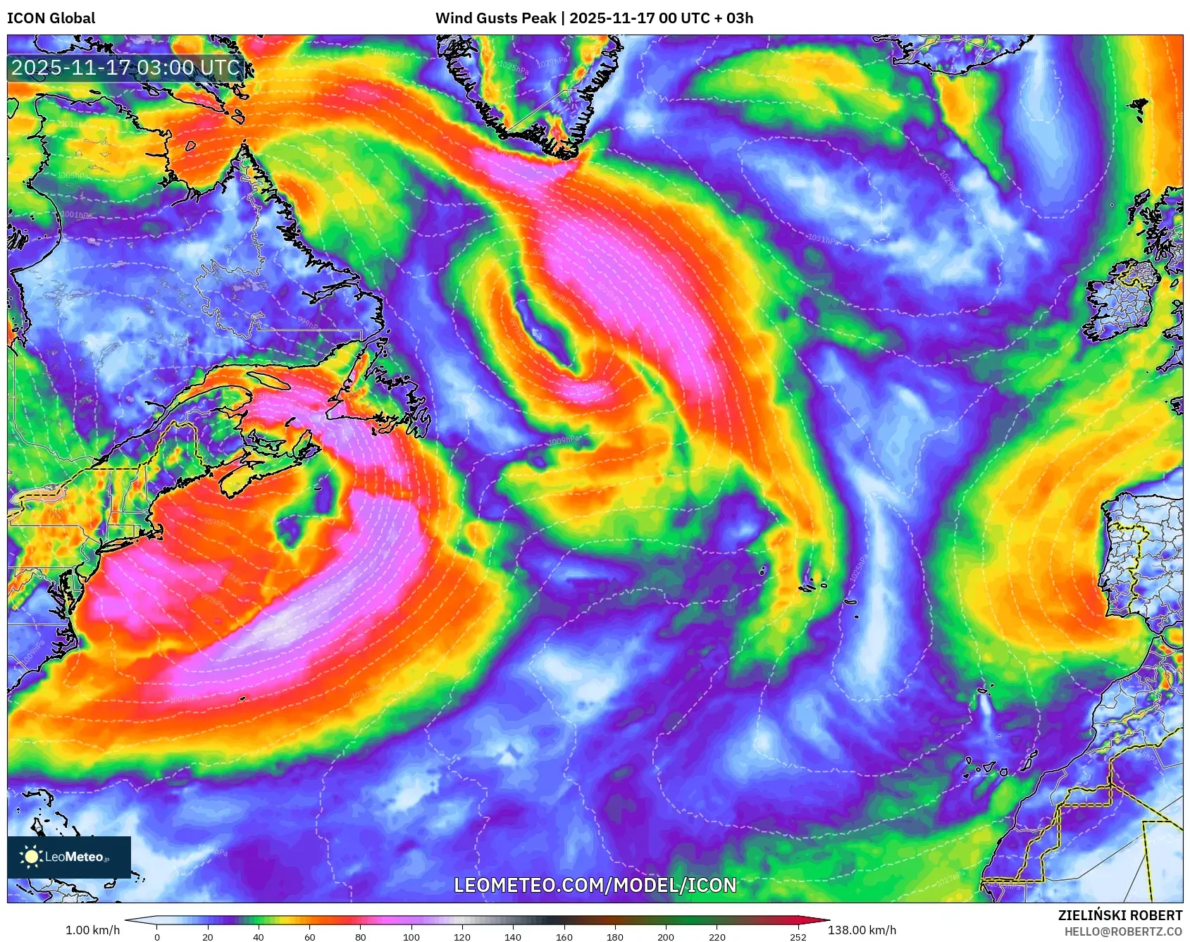 ICON model - North Atlantic, Wind Gusts Peak