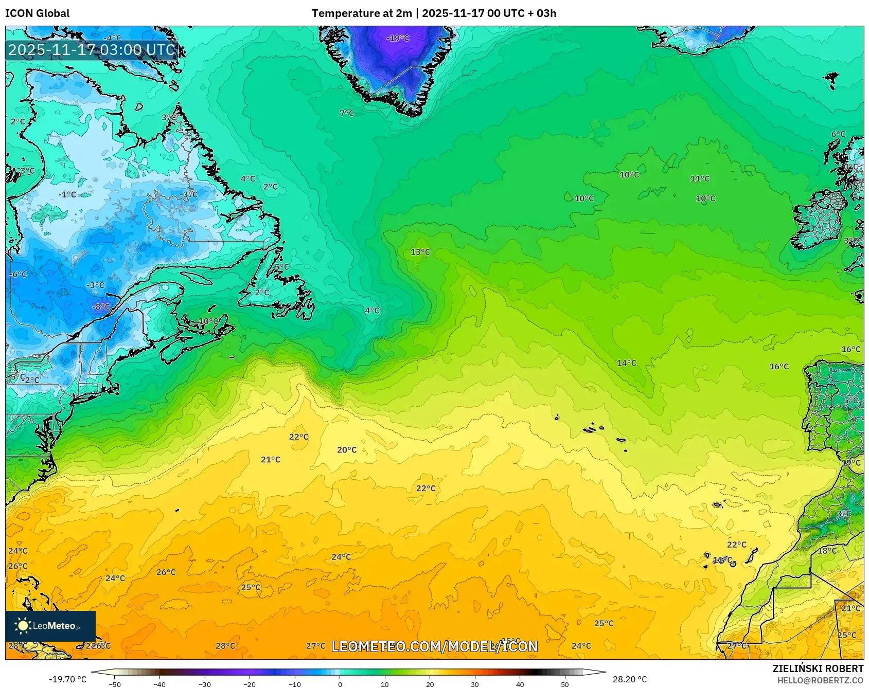 ICON model - North Atlantic, Temperature at 2m