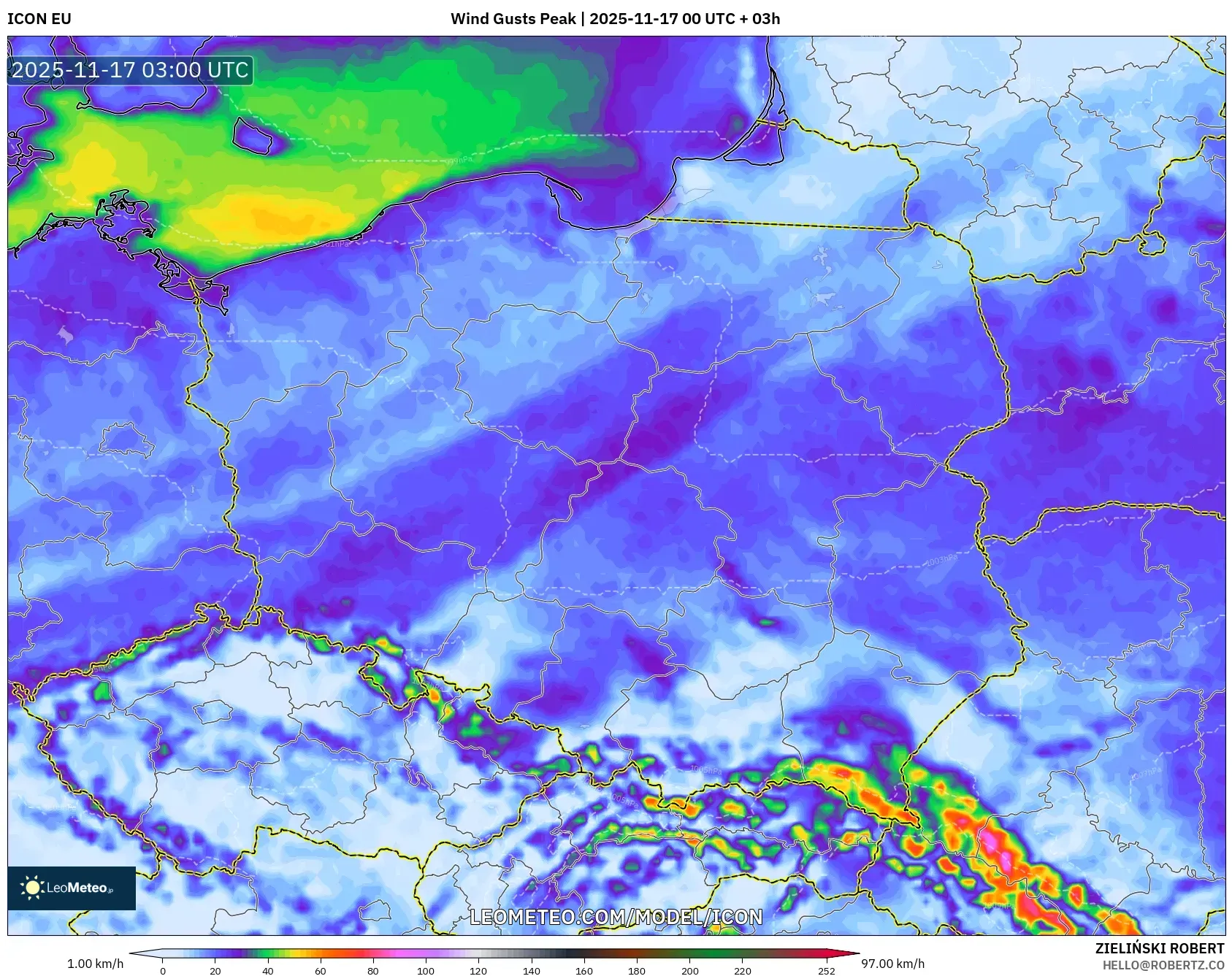 ICON model - Poland, Wind Gusts Peak