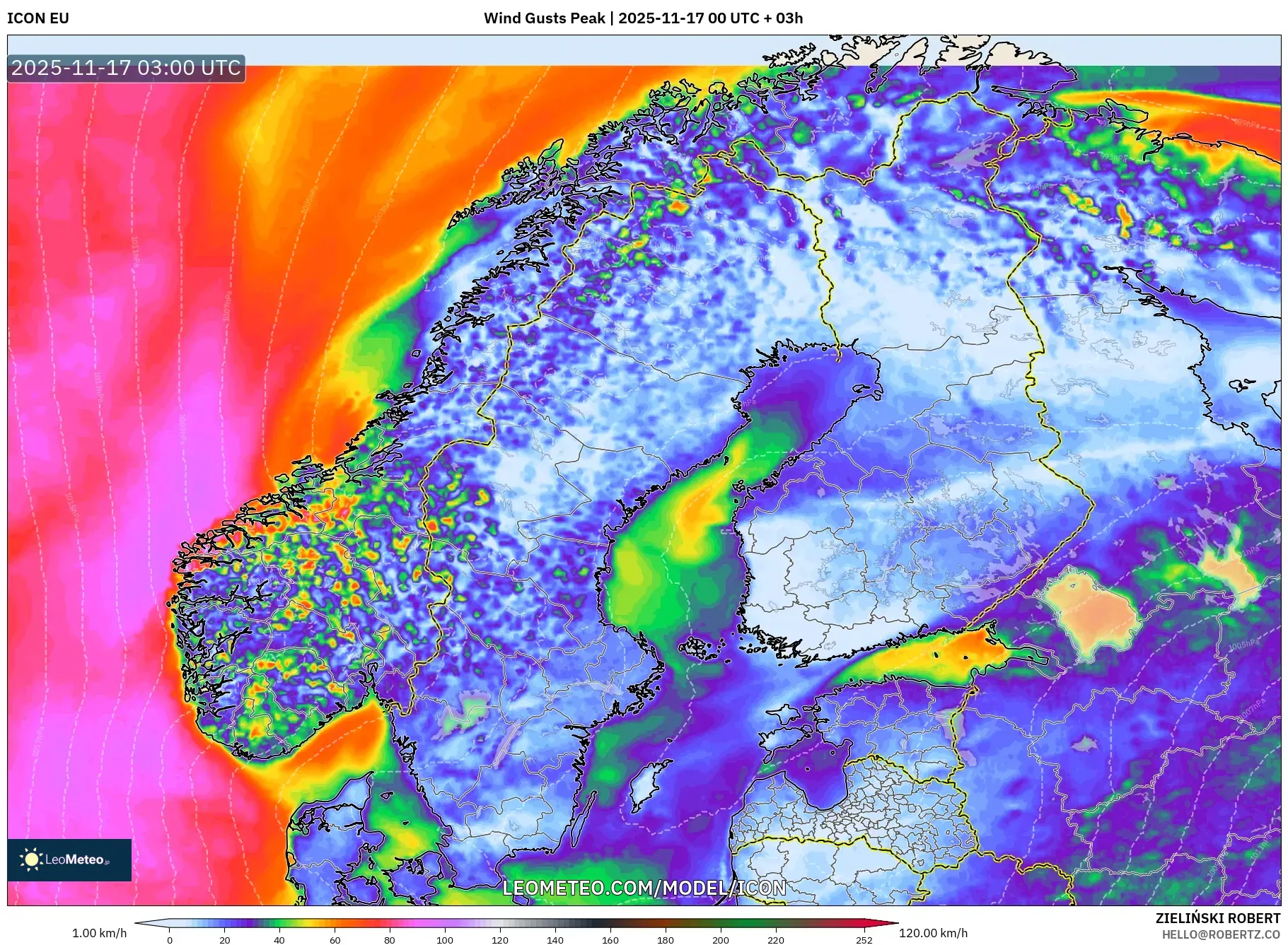 ICON model - Scandinavia, Wind Gusts Peak