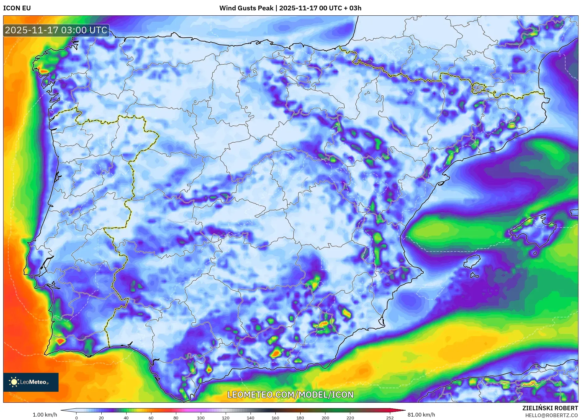 ICON model - Spain, Wind Gusts Peak