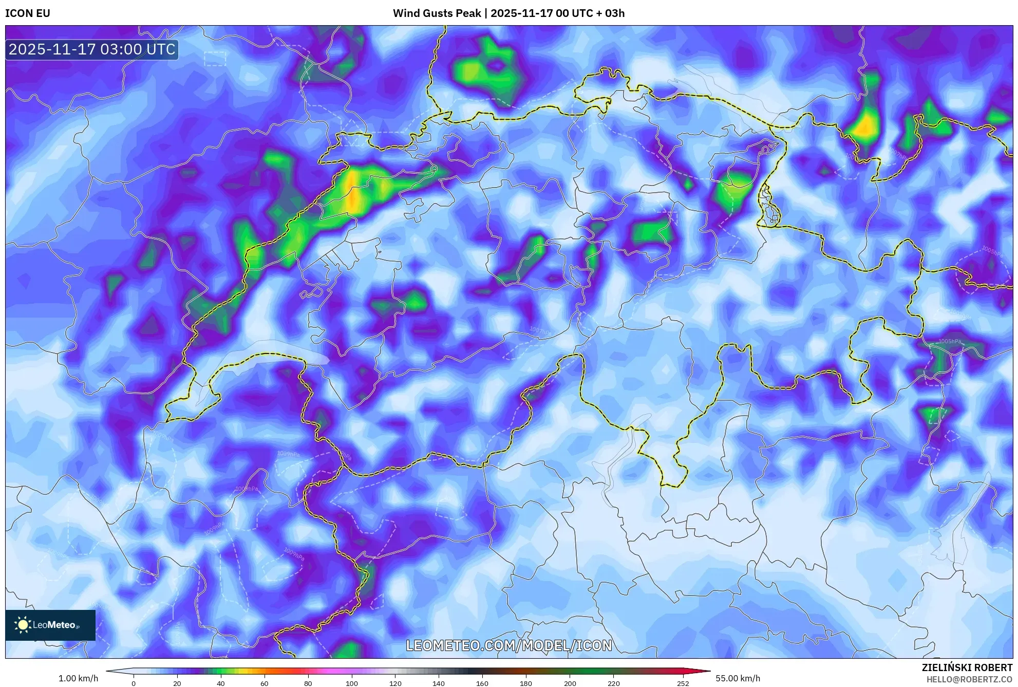 ICON model - Switzerland, Wind Gusts Peak