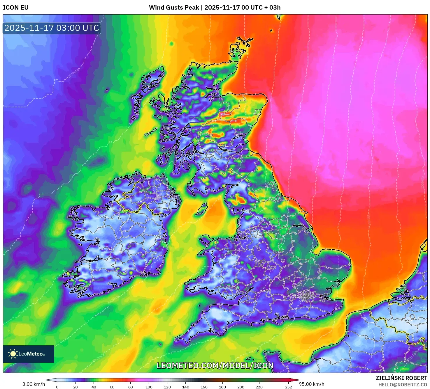 ICON model - United Kingdom, Wind Gusts Peak