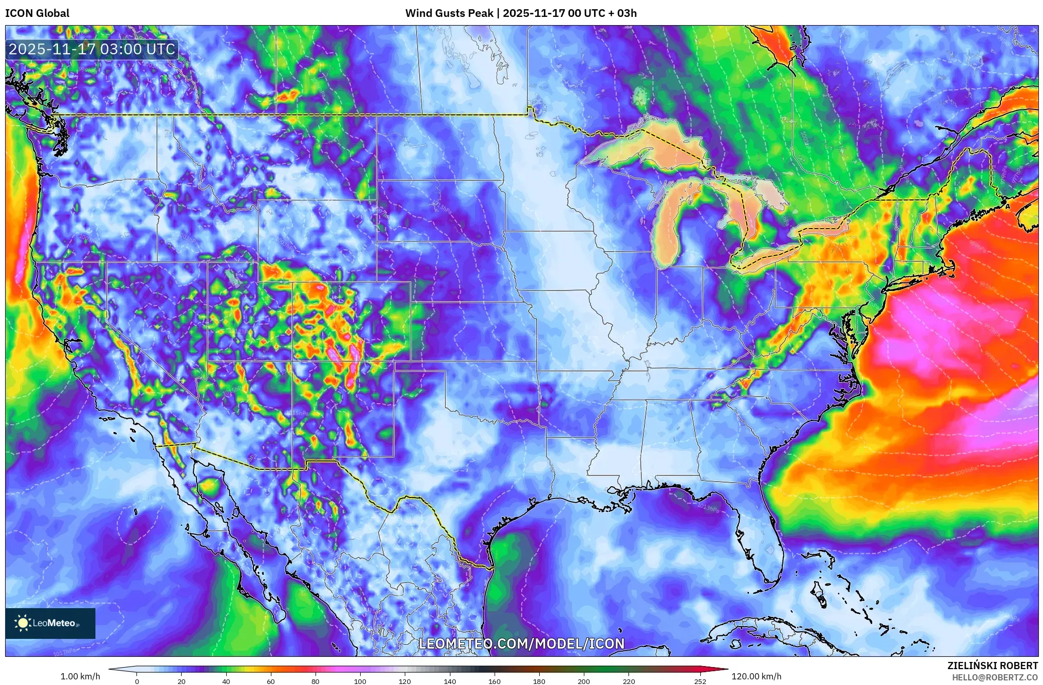 ICON model - United States, Wind Gusts Peak