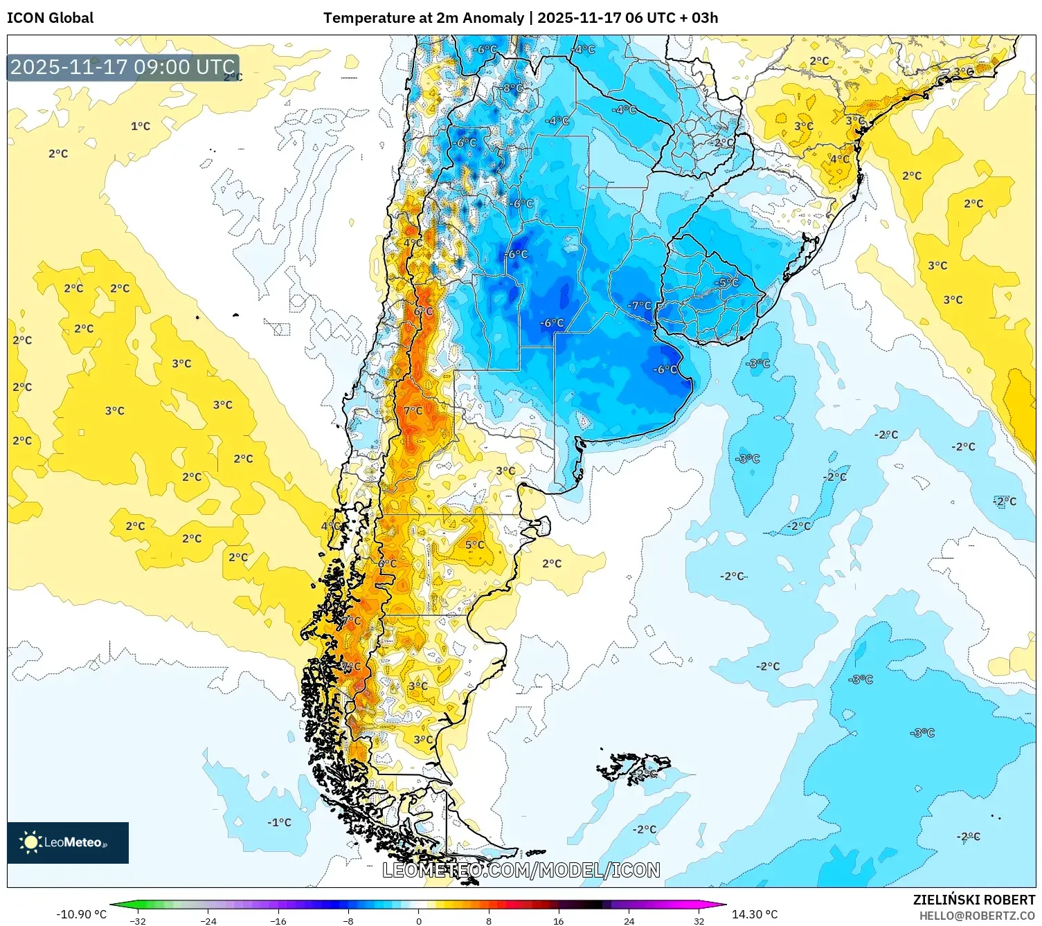ICON model - Argentina, Temperature at 2m Anomaly