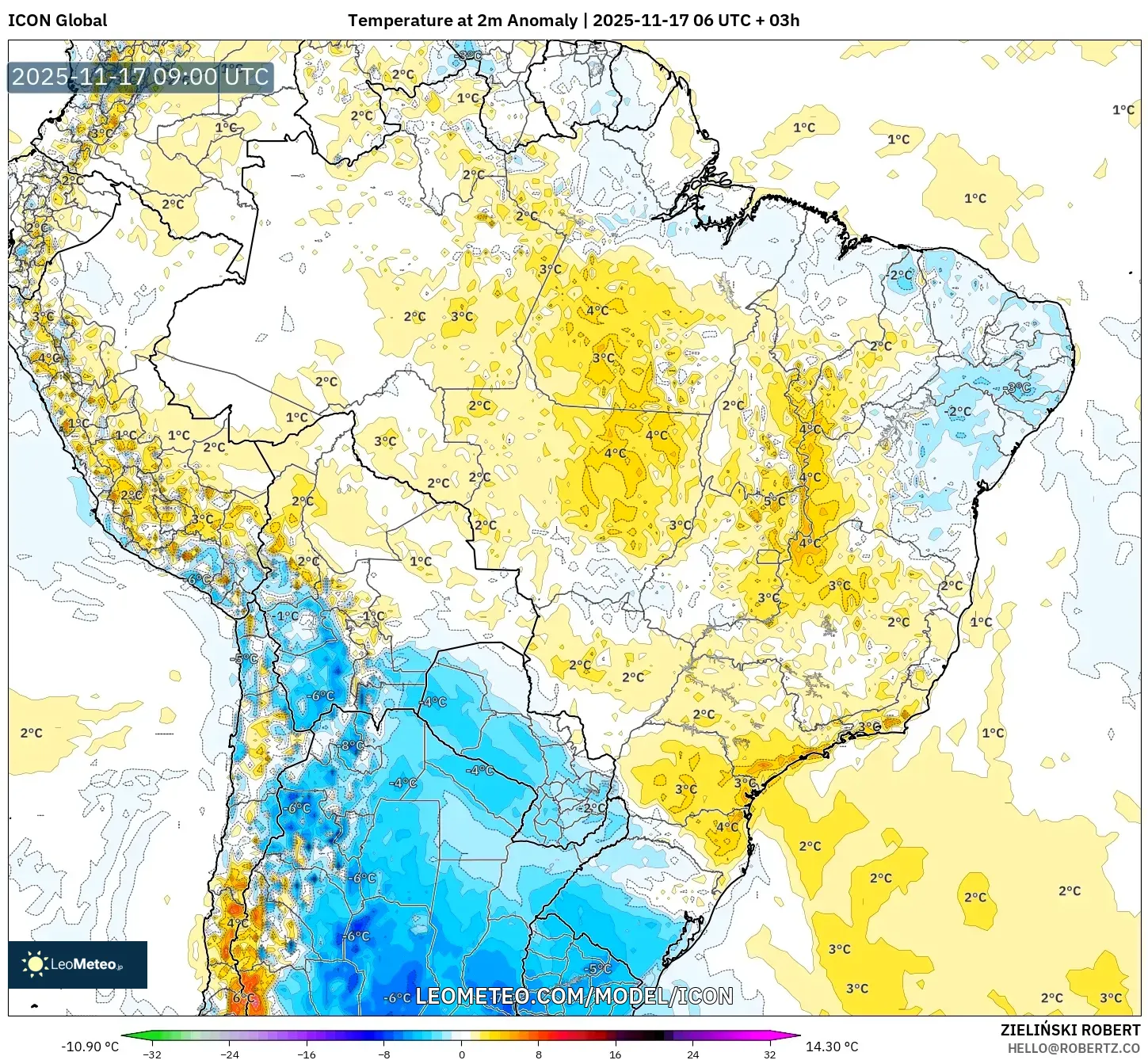 ICON model - Brazil, Temperature at 2m Anomaly