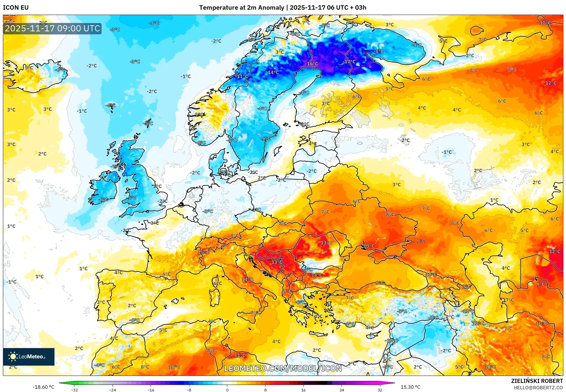 ICON model - Europe, Temperature at 2m Anomaly